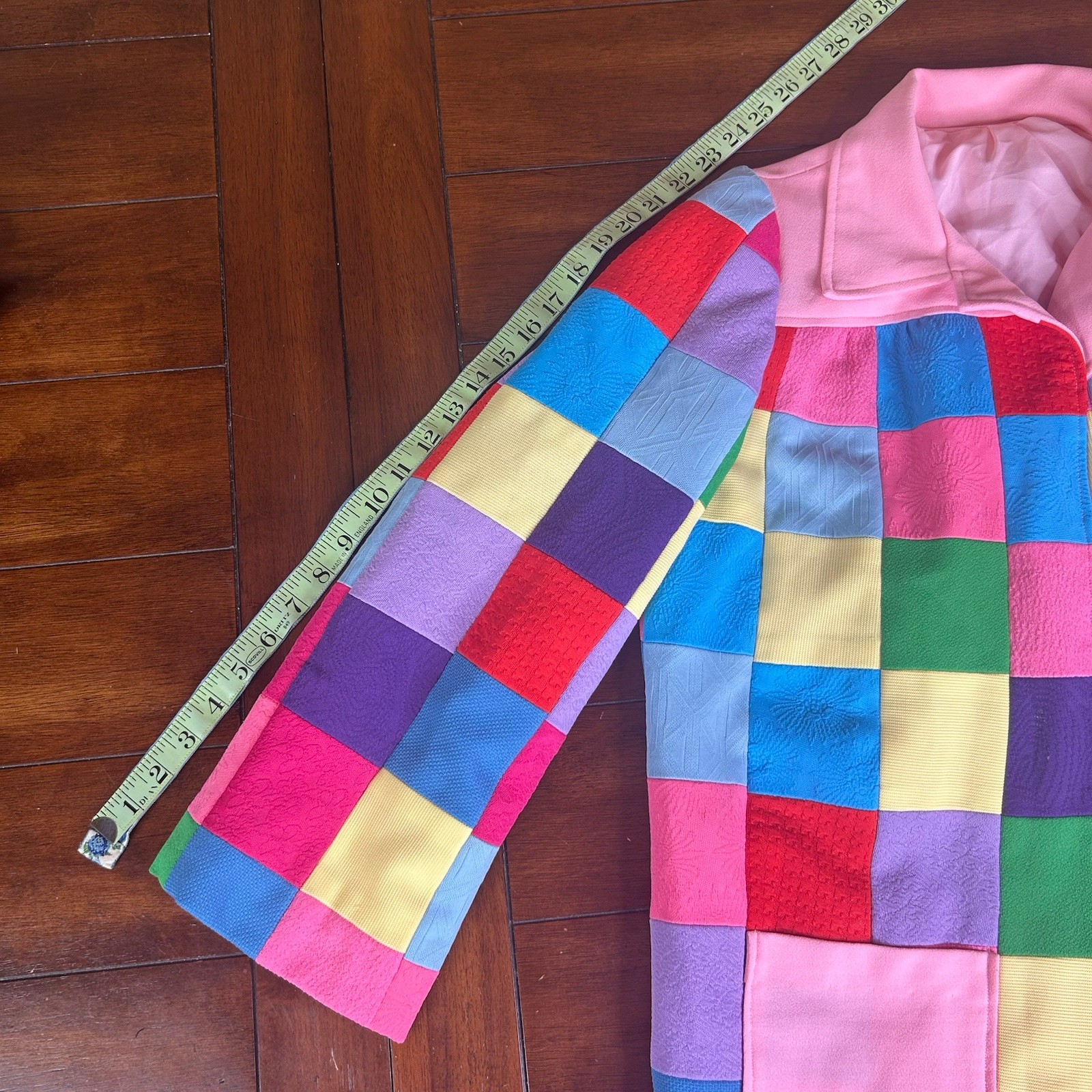 VTG 60s 70s Handmade Women’s Rainbow Polyester Patchwork Open Front Blazer Small