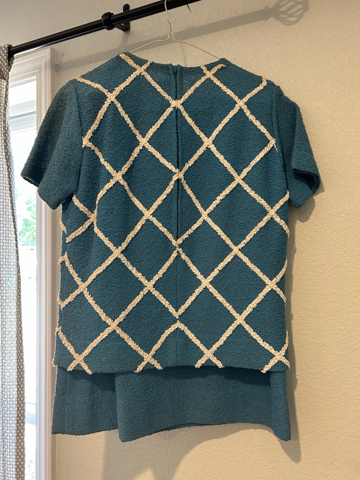 Vintage Apollo Knits 2 Piece Skirt Set Teal Blue Argyle Knits 1960’s Mod Dress