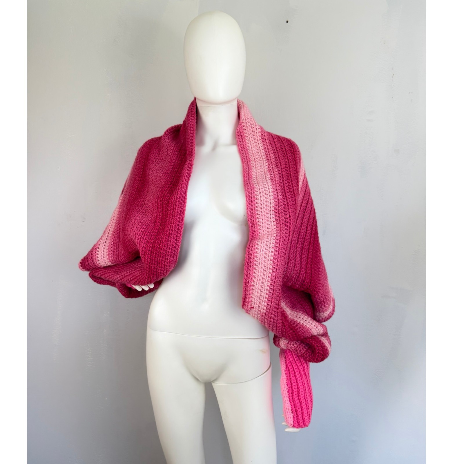 Ombre Pink Crochet Shrug Cardigan Vintage Handmade Loose Fit Open Front One Size