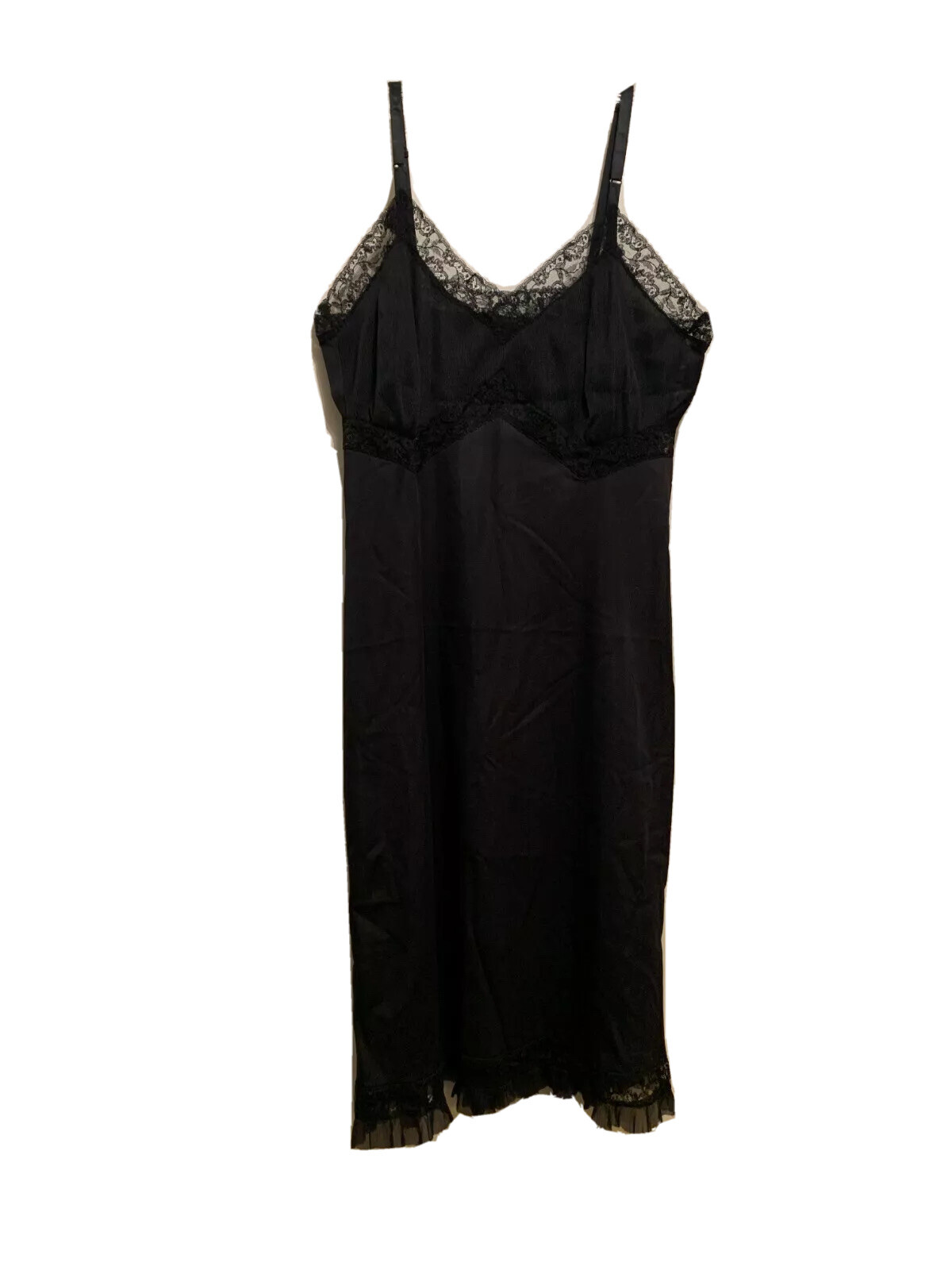 Vtg EVETTE Rumproof Black Full Slip Nylon Lace Crystal Pleat Small SZ 4-34 READ