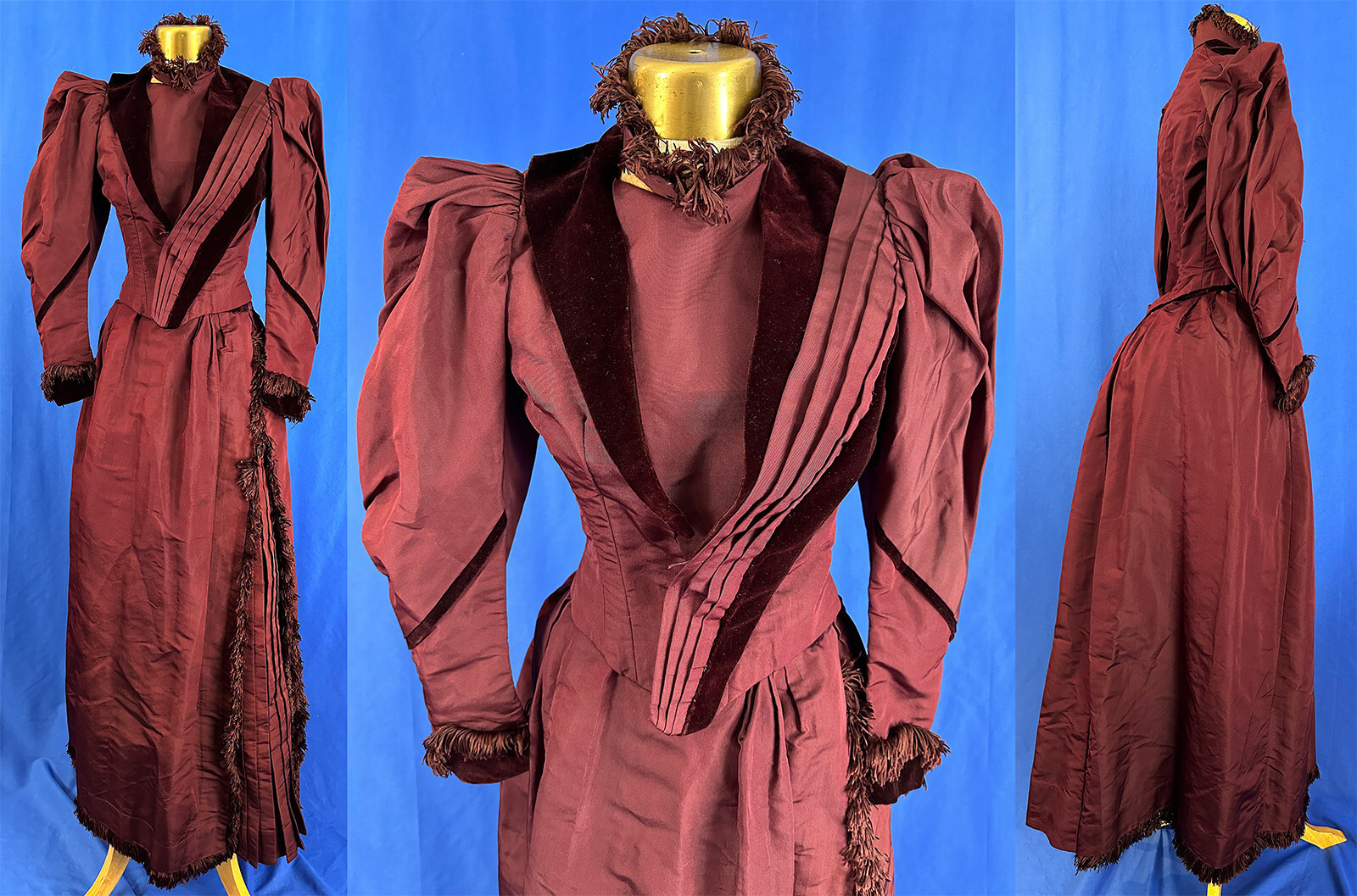 Victorian Burgundy Red Silk Velvet Chenille Fringe Trim Bodice Bustle Skirt Gown