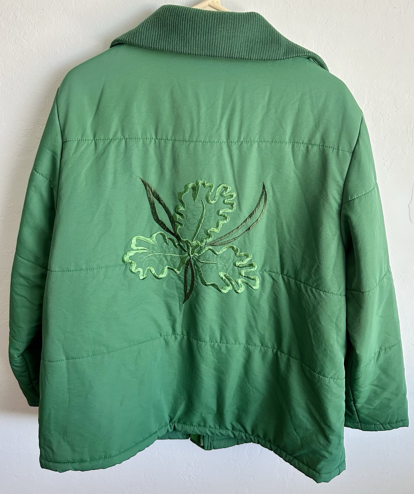 VTG Womens Green Quilted Modern Mandarin Jacket Floral Embroidered Size 3XL