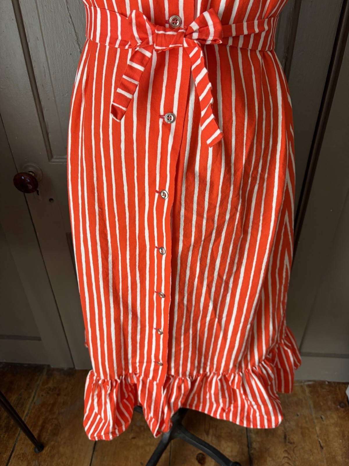 Vintage 1960s 1970s Marimekko Mariessu Red White Piccolo Stripe Apron Dress S