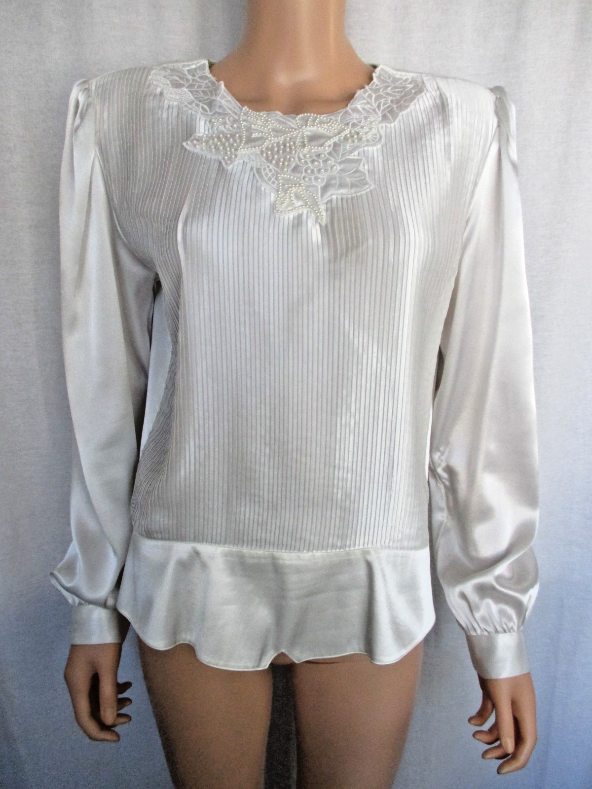 Nicola Blouse Size 14 White Pleated Front Beaded Neckline Vintage Polyester