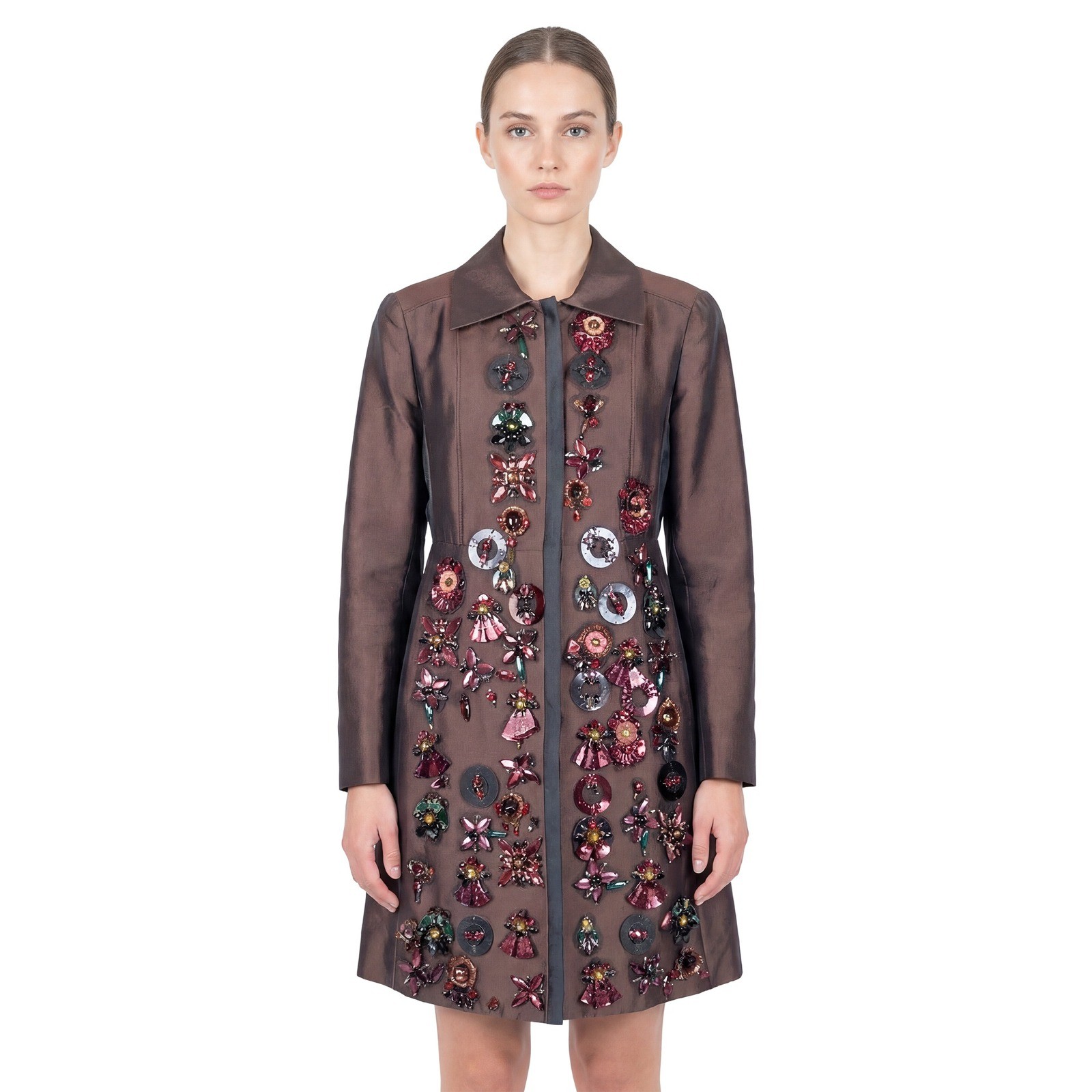 RARE Prada SS 2005 Embellished Coat Size 40 Brown Silk Wool Jewel Runway