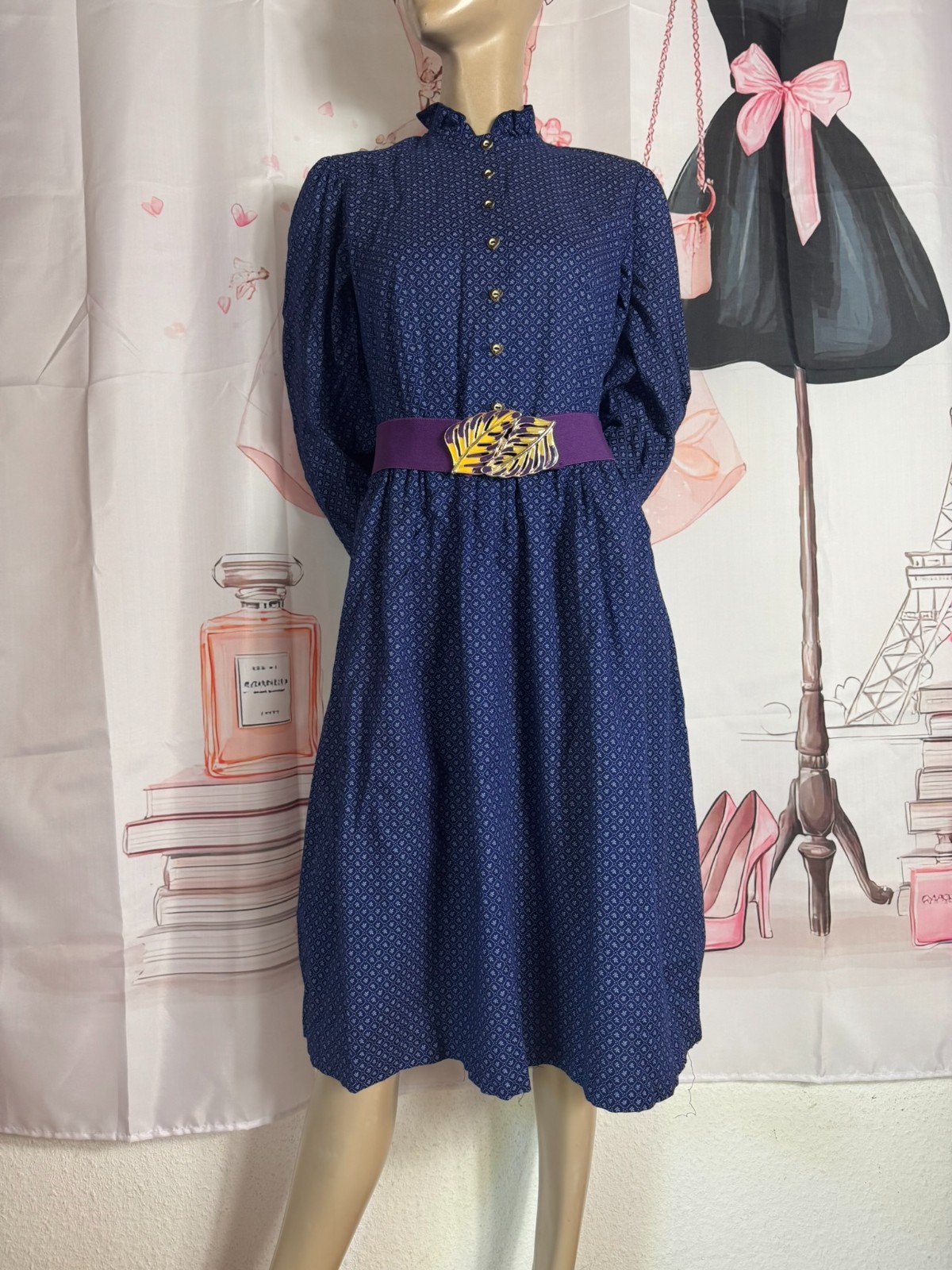 Vintage Country House Dress Blue 70s Cotton Puff Sleeve Costume Dress Size 34 36 38