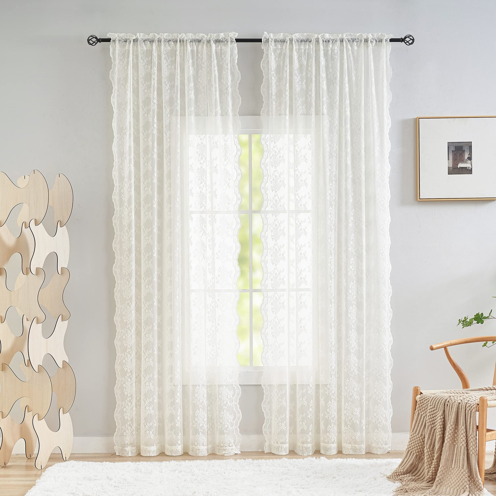 YJ YANJUN Vintage Lace Curtains 84 Inches Long-Victorian Floral Pattern Ivory…