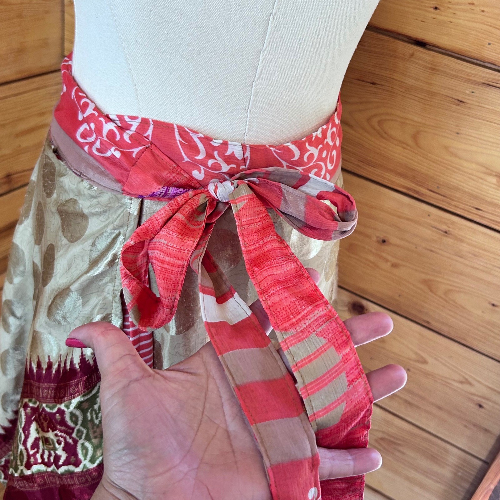 Vintage Silk Reversible Wrap Skirt Women Large Pink Patchwork Boho Handmade OOAK
