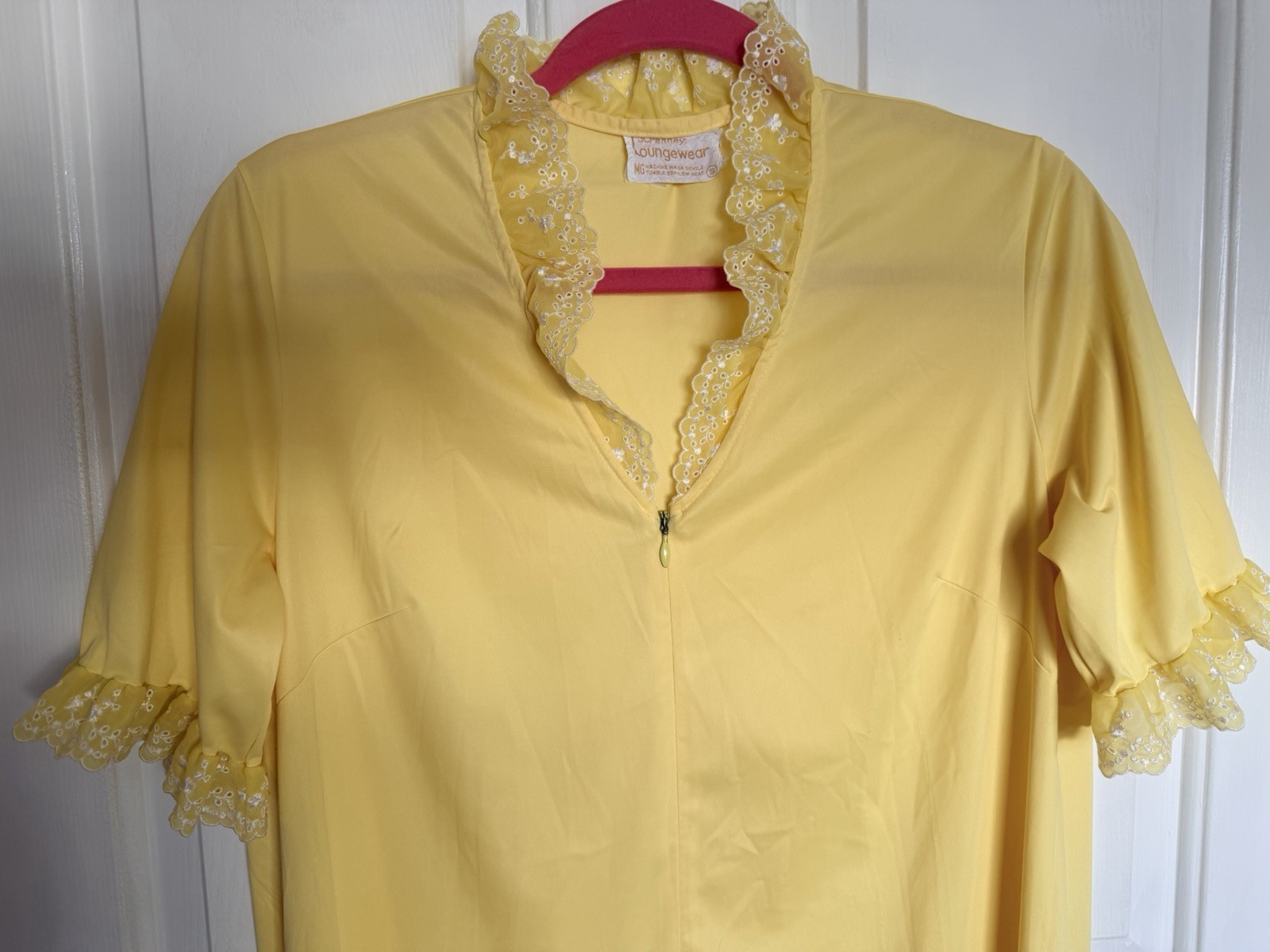 Vintage Nylon Loungewear Robe Eyelit Lace Trim Zipper Front Side Pocket