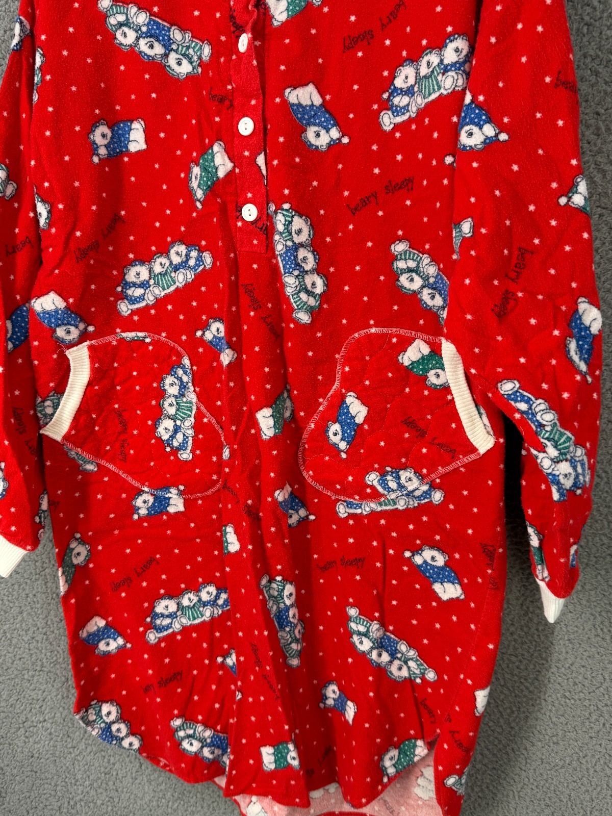 Vtg 80s Flannel Nightgown Granny Cottage Red Bear Union L USA Jennifer Dale
