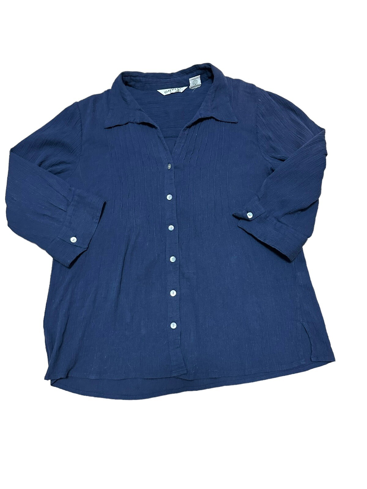 Vintage Orvis Shirt Women Sz M Navy Blue Button Down Blouse Pintuck 3/4 Sleeve