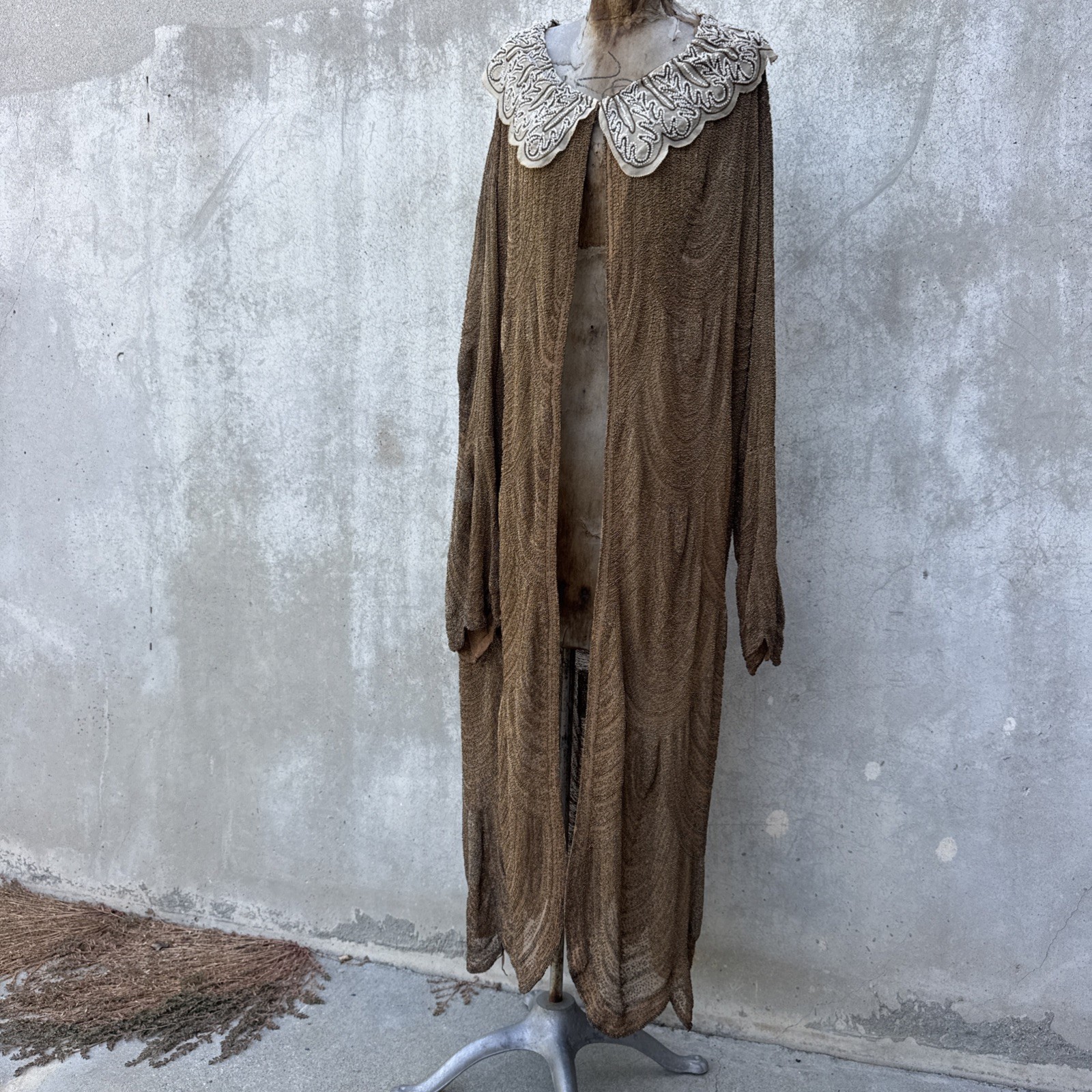Antique 1920s Completely Beaded Gold Coat Scalloped Hem Art Deco Net Vintage