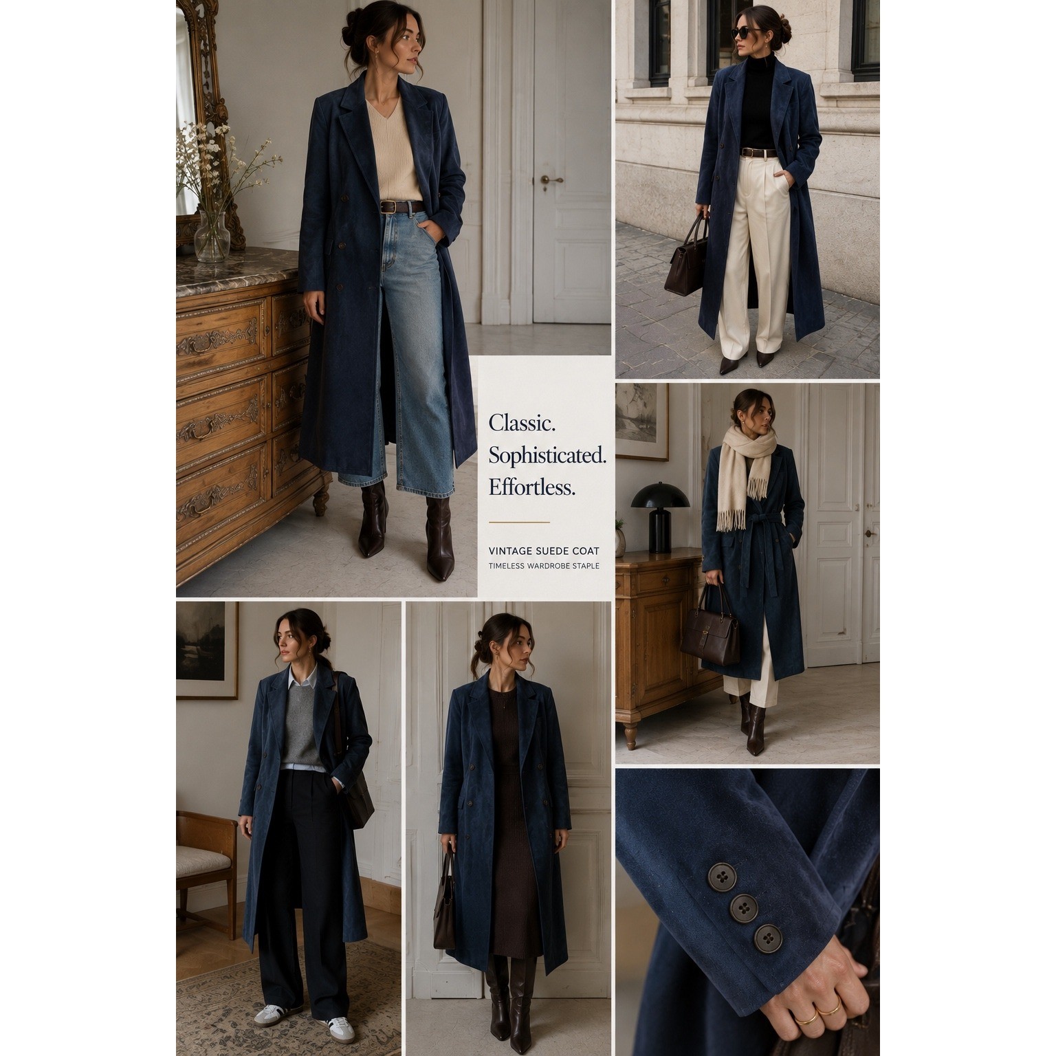 Vintage Navy Suede Leather Maxi Coat Women’s Size M Double Breasted Long Trench