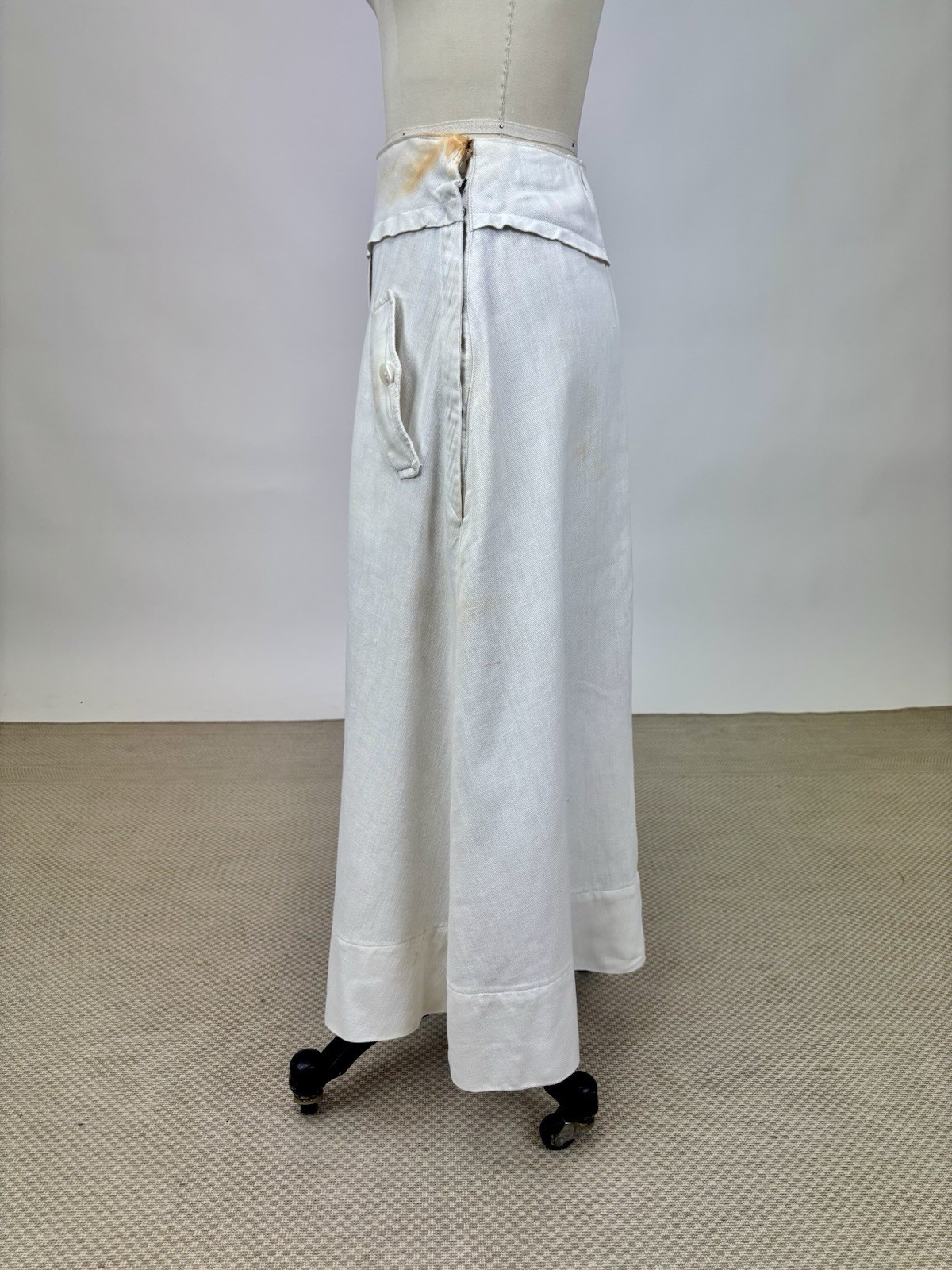 Edwardian 1910s Antique Cotton Skirt White Buttons Snaps Wide Hem Twill Weave