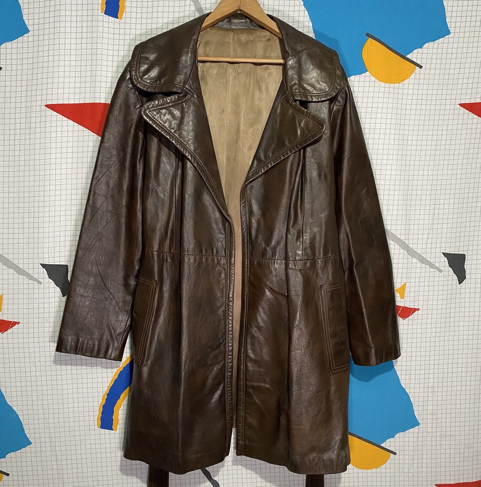 Vintage 60s Hide Leather Trench Coat Belt Wrap Open Wide Spread Lapel Altman
