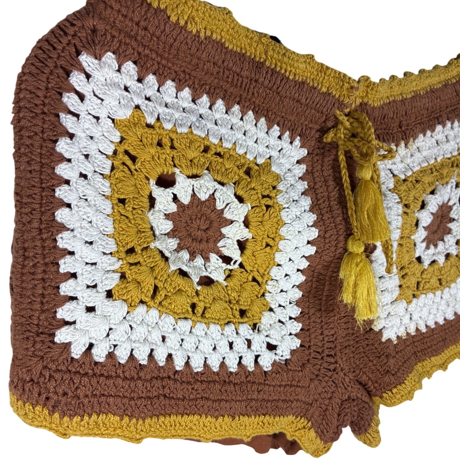 Zara Boho Crochet Shorts Knit Festival Hippie Tie Waist Retro Womens Sz M