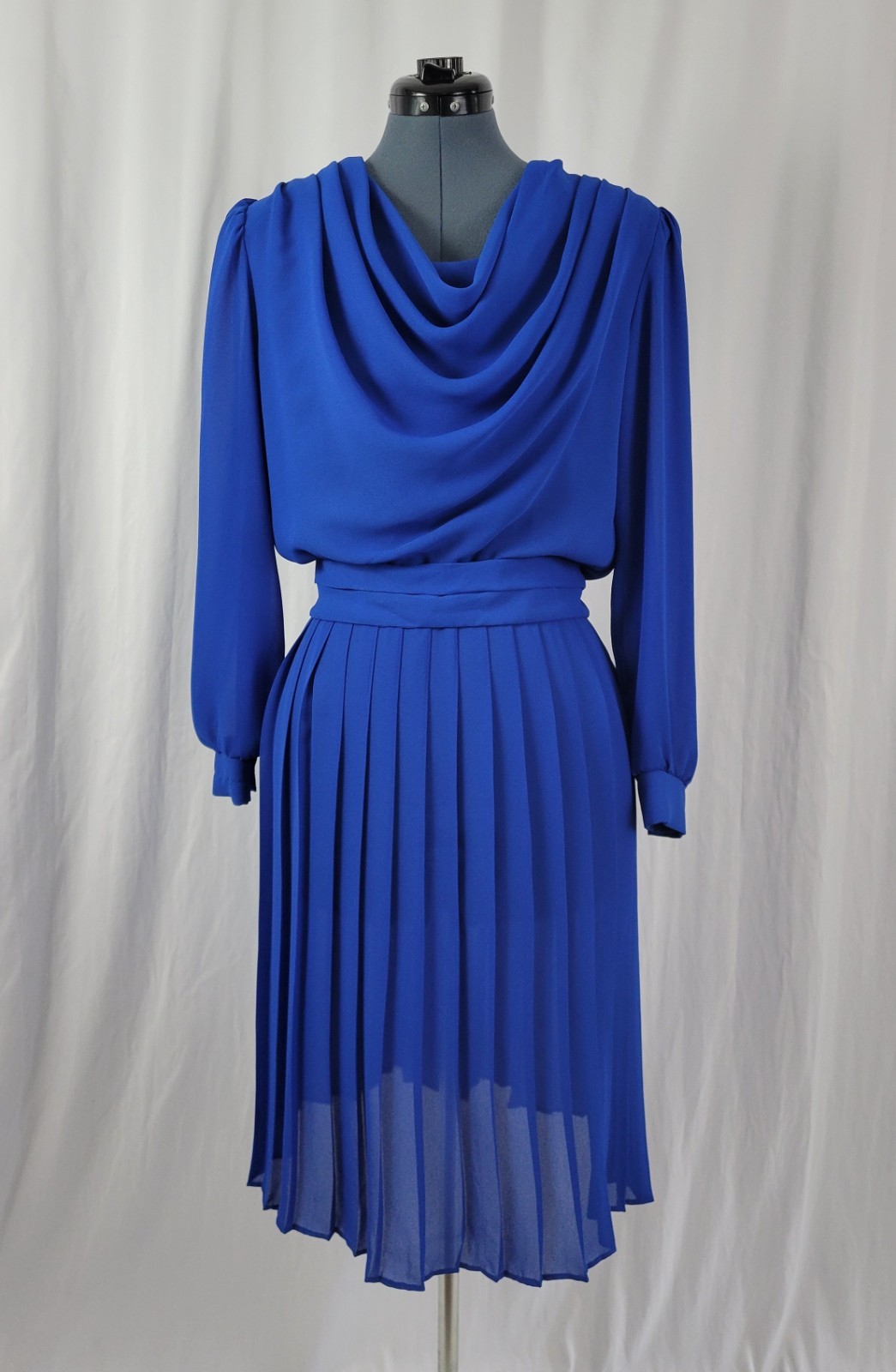 Vtg Lisa Michaels Blue Blouson Dress w Draped Neckline & Matching Belt Size 8