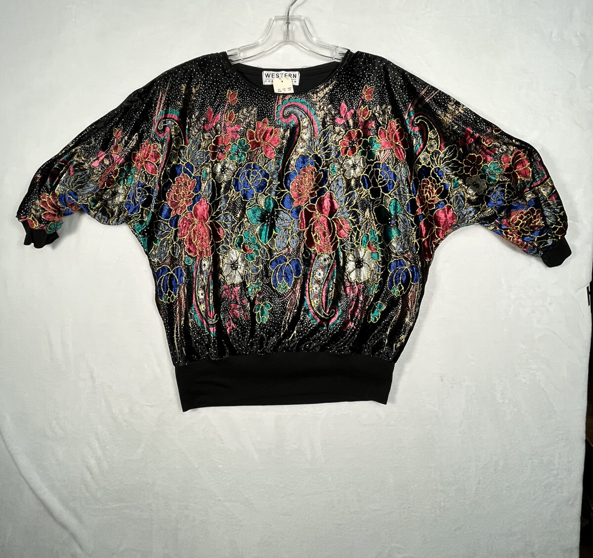 Vintage NWT Western Connection Womens L Top Black Batwing Floral Colorful
