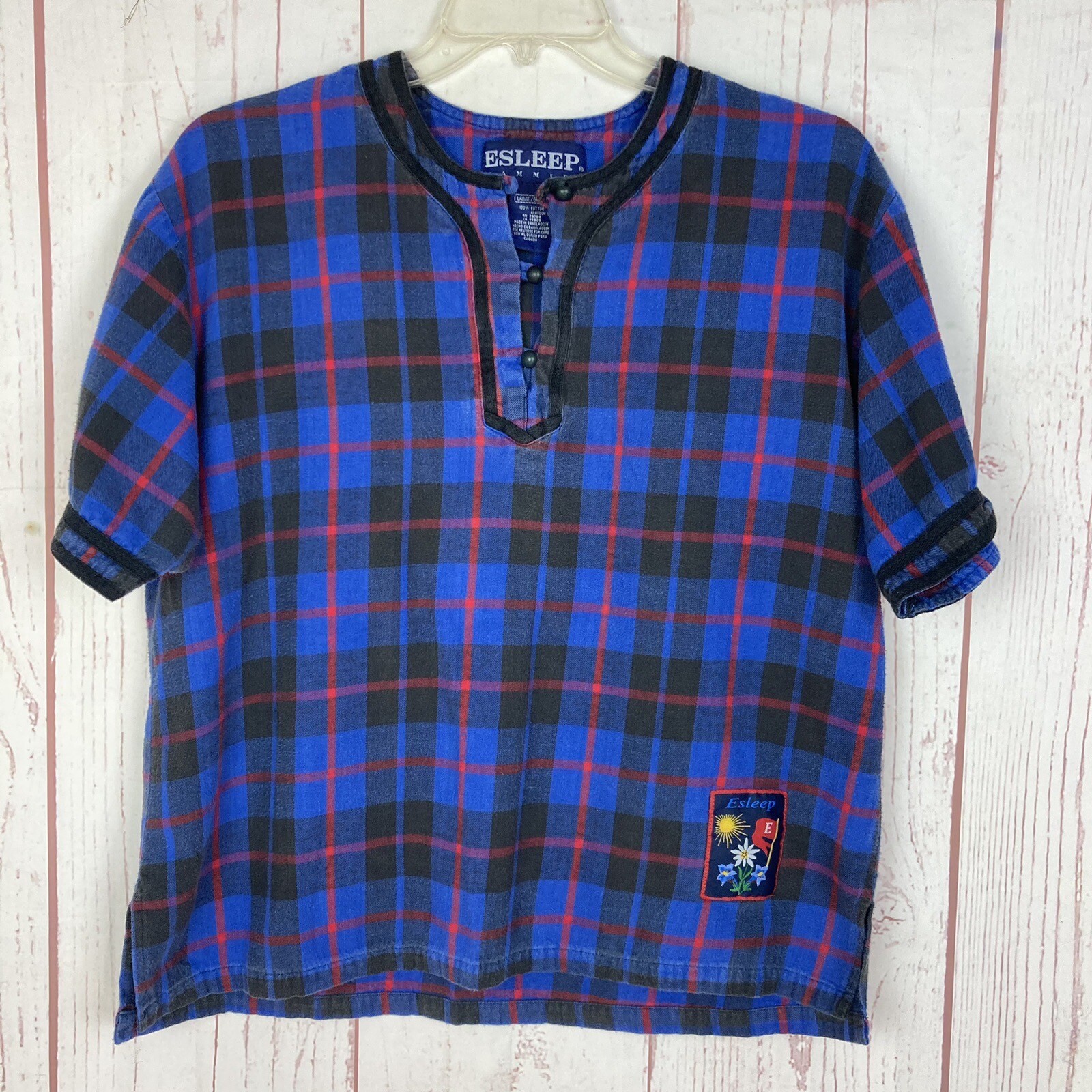 Vintage 90s Esleep L Large Blue Plaid Night Shirt Flannel Pj Top Jammies Cotton