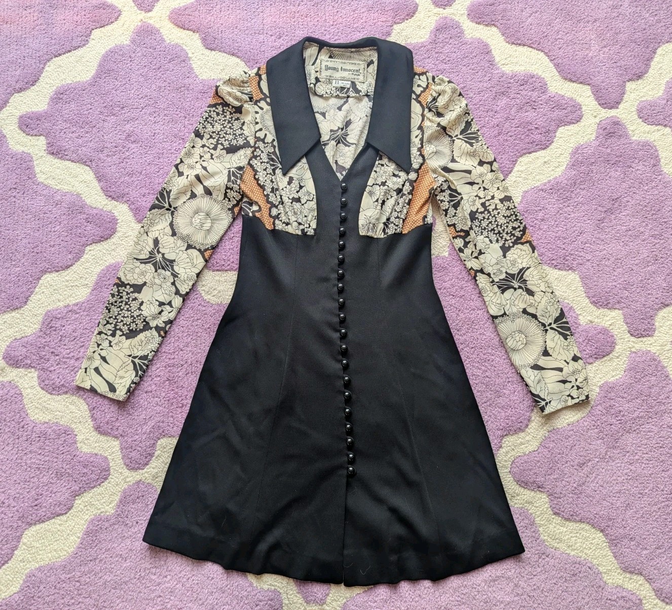 Vintage 70’s Young Innocent By Arpeja Psychedelic Black Mini Dress Size 11 Small