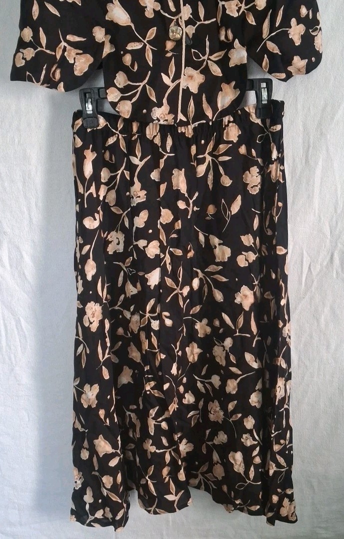 VTG Whirlaway Frocks Rayon Skirt Set Floral Black Tan Made in USA Size 16WP