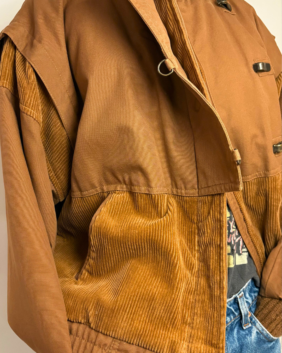 Vintage 80s J Gallery Cropped Bomber Jacket Canvas Corduroy Brown Streetwear S
