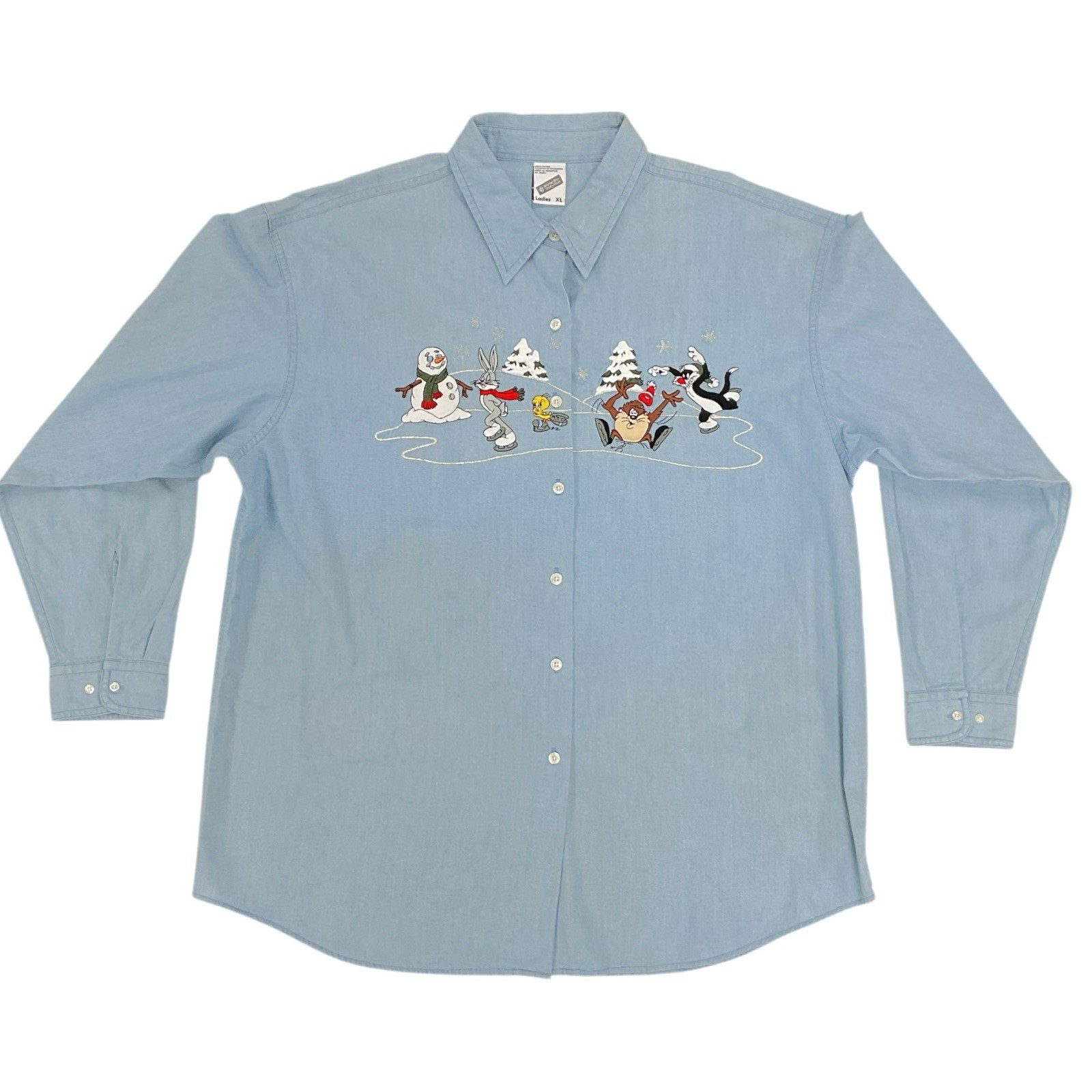 Vtg 1998 Warner Bros Studios Womens XL Embroidered Looney Tunes Christmas Shirt