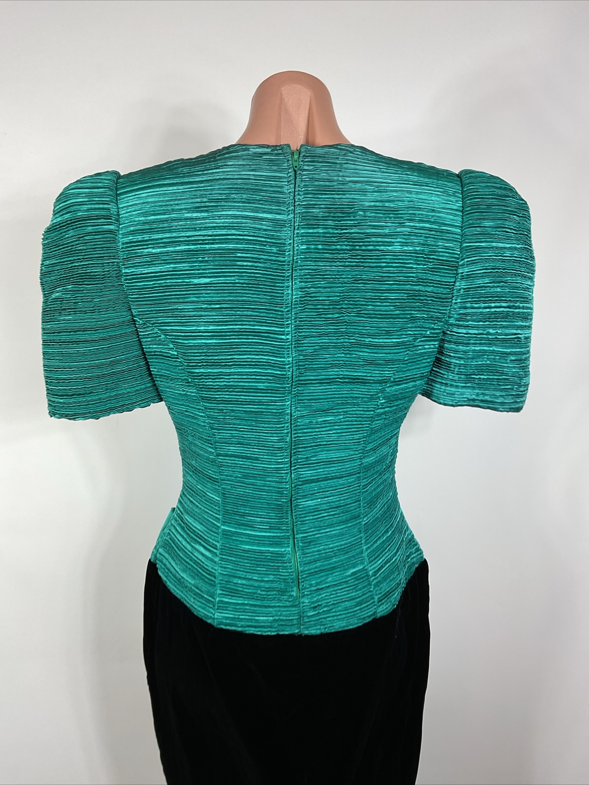 Opening Night Vintage 80s Teal Puffy Sleeve Velvet Prom Party Formal Dress 7/8