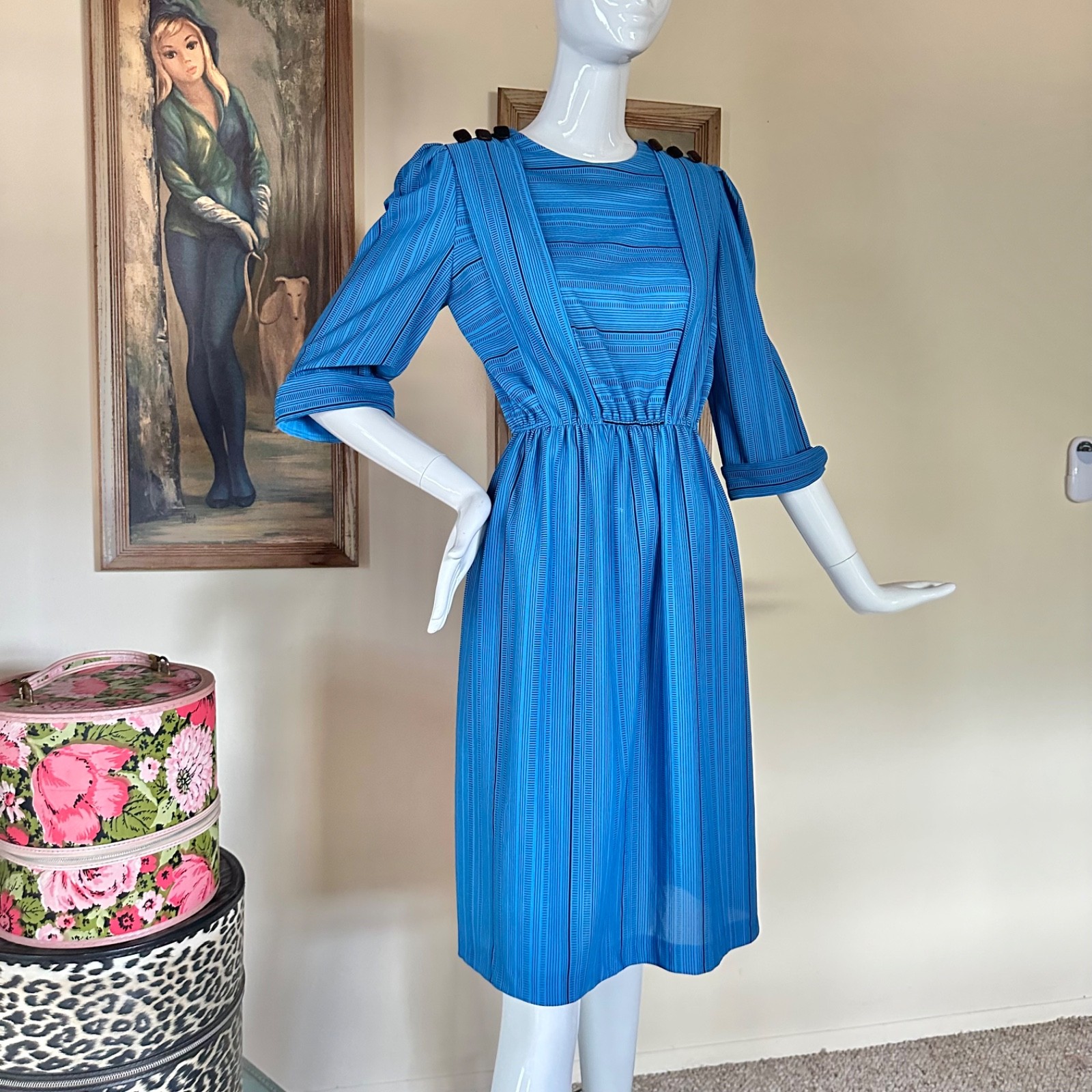 Vintage 1980s New Wave Dashes Striped Midi Day Dress Preppy Secretary M