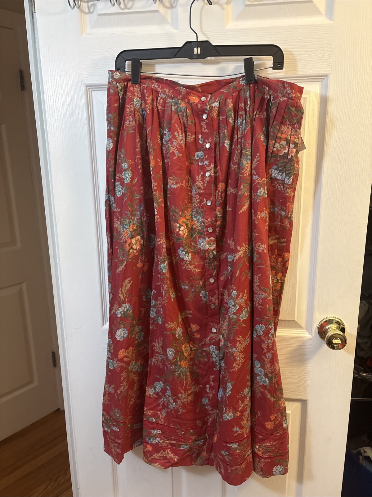 Ralph Lauren Vintage 100% Cotton Pearl Snap Red Floral Prairie Skirt Sz 16w