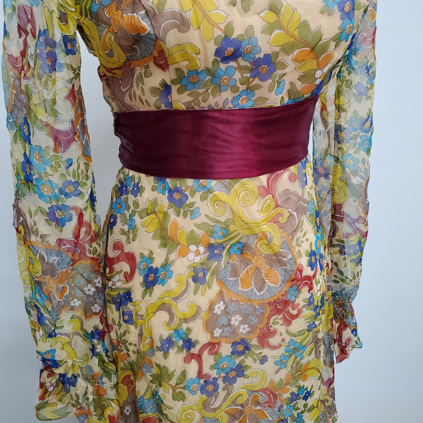 Vintage 70’s Maxi Dress Peasant Colorful Psychedelic Floral Hippie Sheer Chiffon
