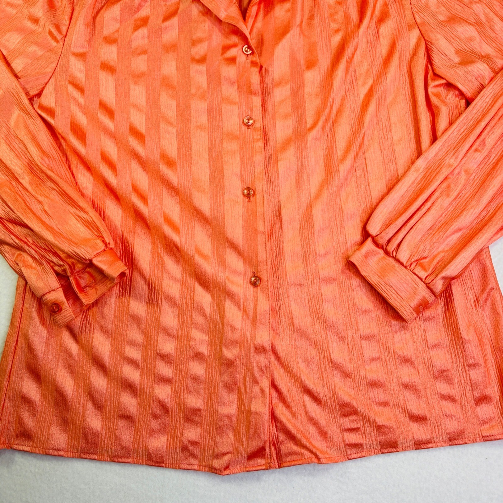 Vintage Copy Cats Coral Orange Striped Button Up Blouse Long Sleeve Size 18 USA