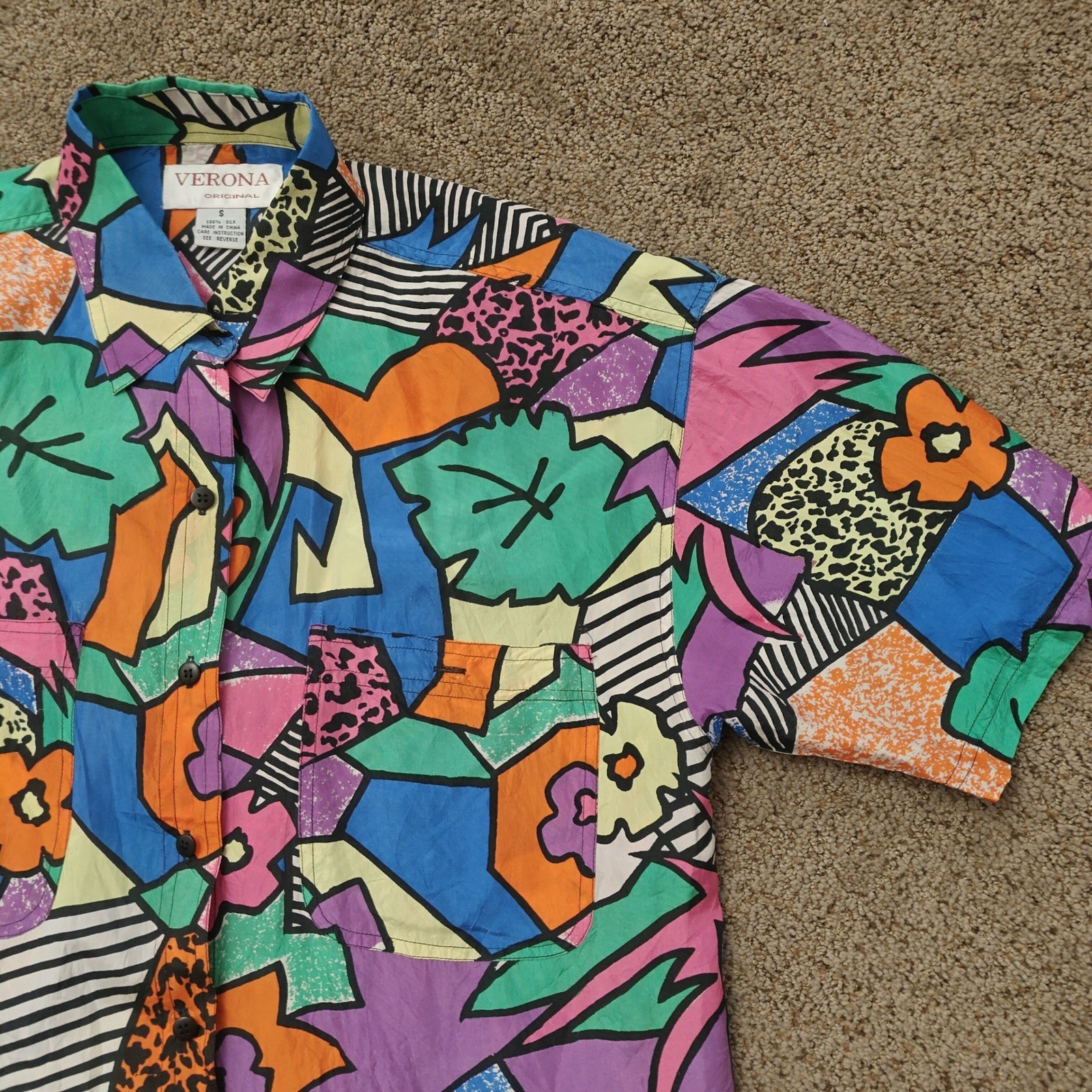 Verona Original Vintage 90s 100% Silk Abstract Geometric Short Sleeve Shirt S