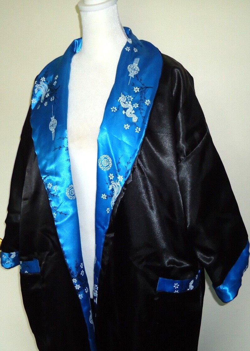 Unisex Asian Midi Kimono Embroidered Dragons Kimono Coverup Reversible O/S