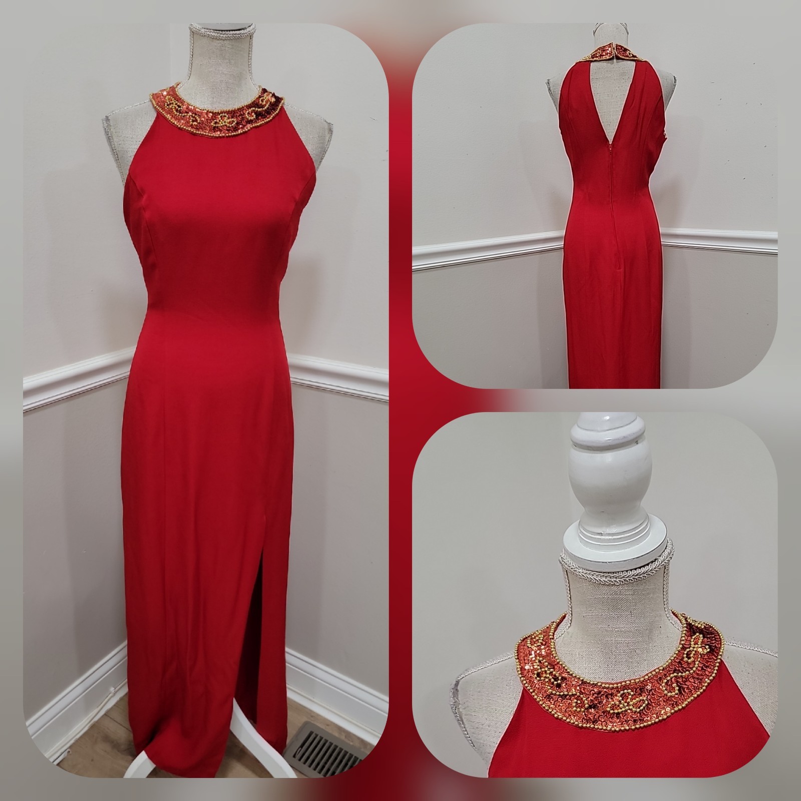 VTG 1980s Red Beaded Halter Evening Gown De Lara by Linda Bernell Maxi Dress