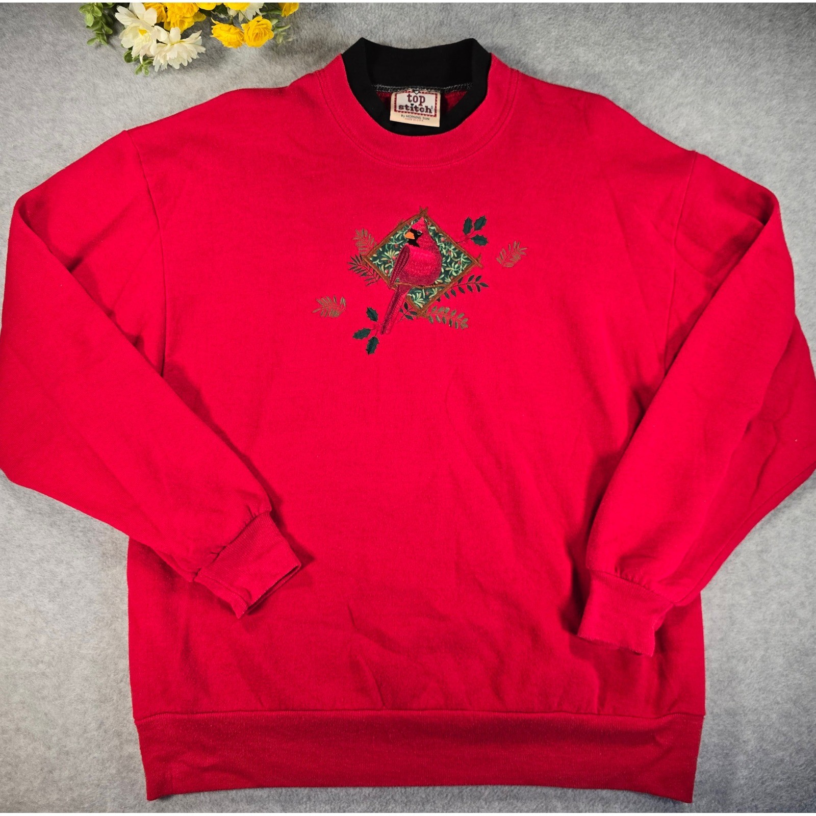 Vintage Top Stitch Morning Sun Cardinal Embroidered Crewneck Sweater Red Large