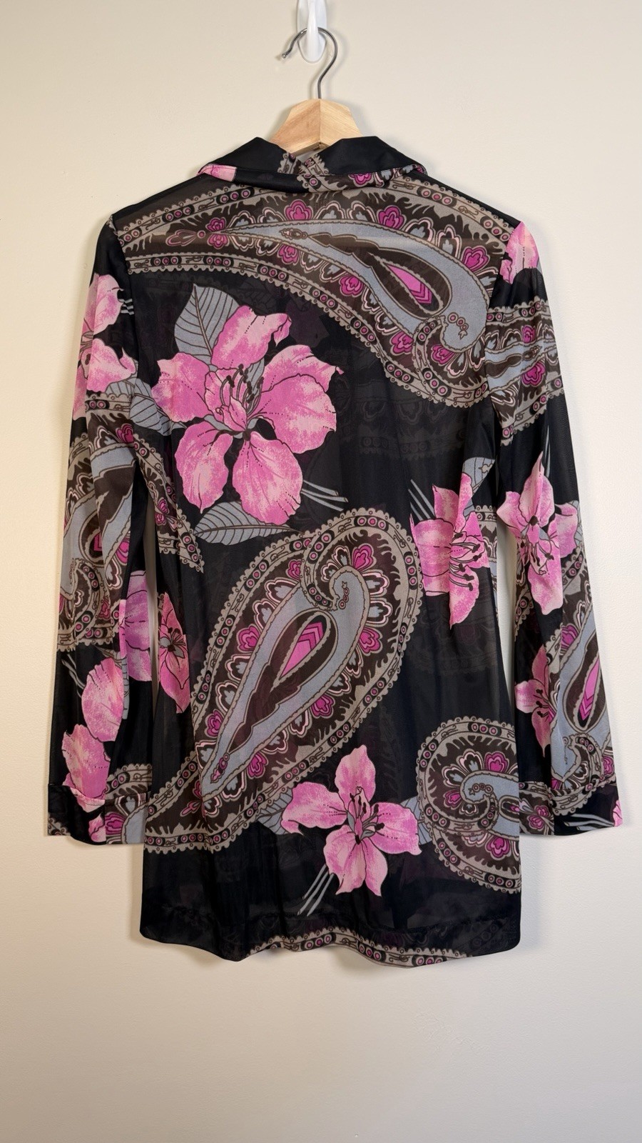 Vintage 70s Women’s Shirt Paisley Gogo Mod Disco Hippie Button Sheer Size Med