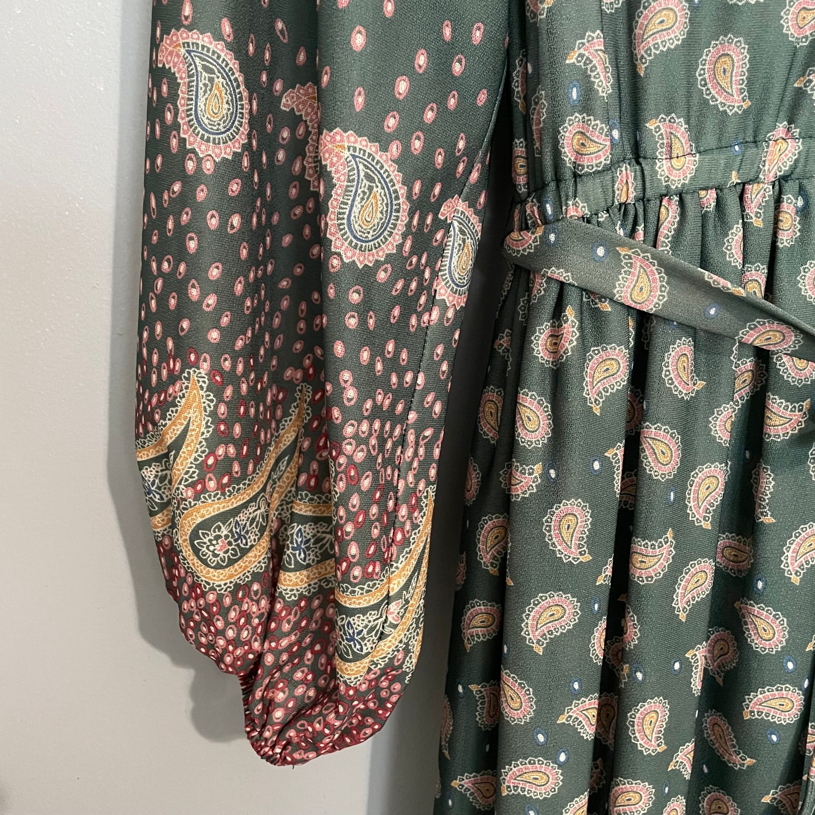 VTG Nancy Greer Dress L Green Paisley 70s Peasent Boho Hippie Cottagecore NWOT