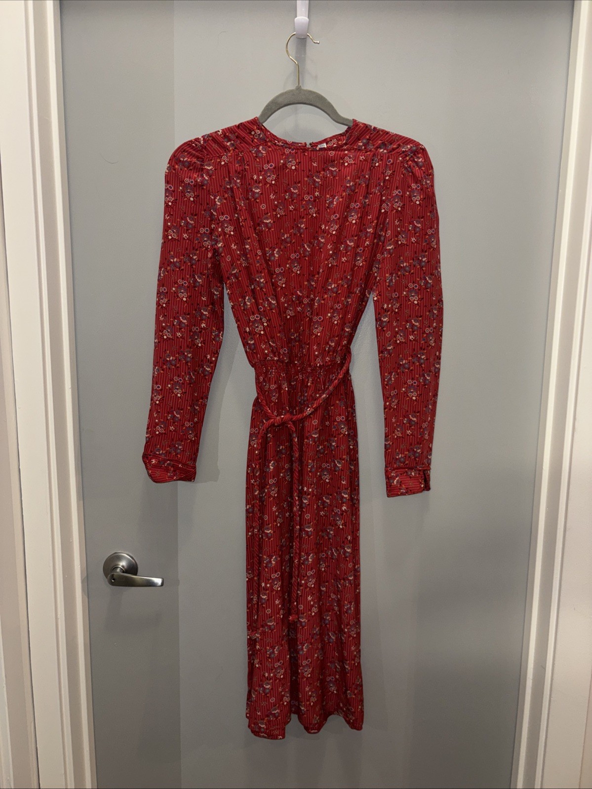 Vintage 100% Silk Red Floral Pinstripe Dress w/ Braided Belt 6 Made in Korea