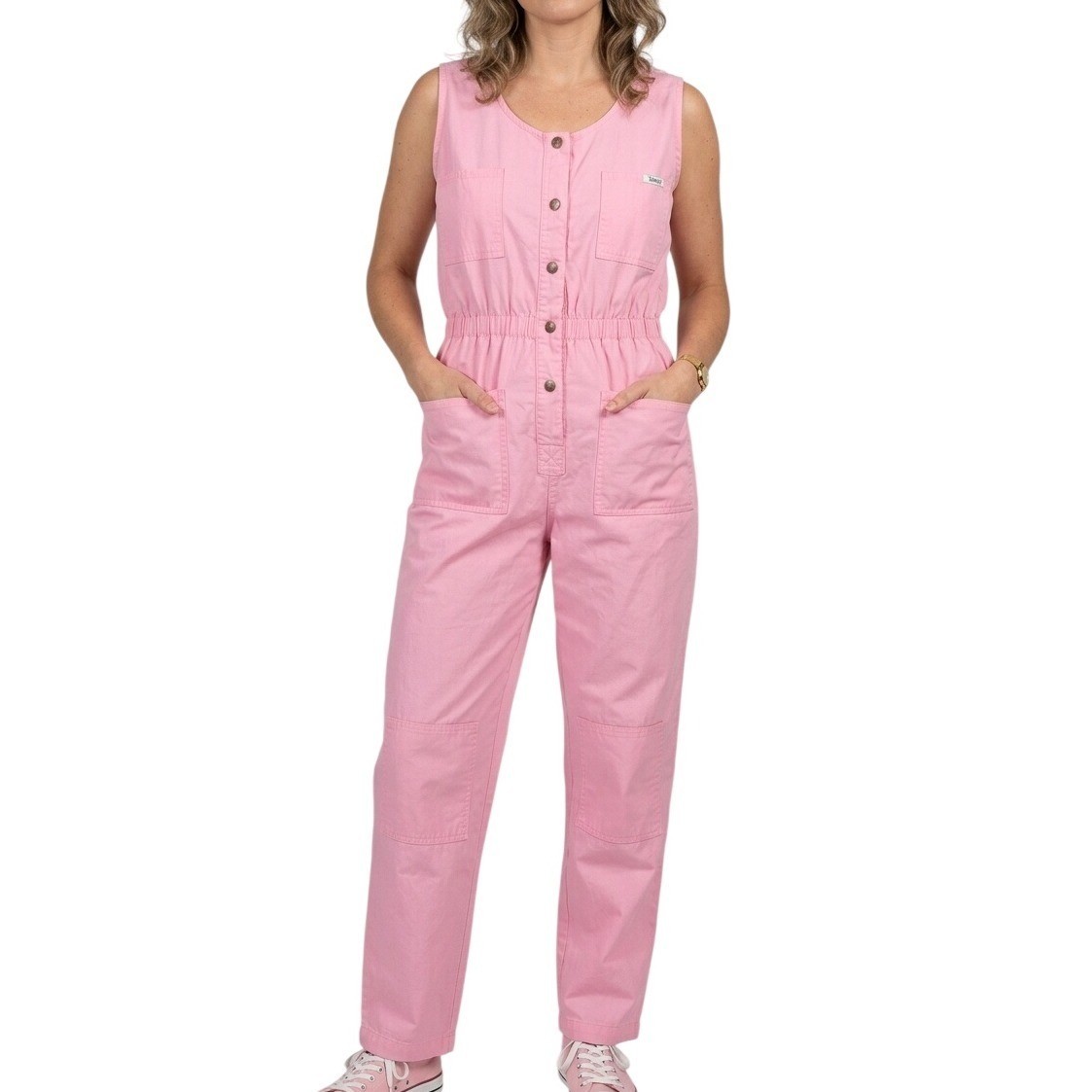 VTG Ideas 1980s Pink Sleeveless Utility Jumpsuit Snap Front Size Large Pockets!