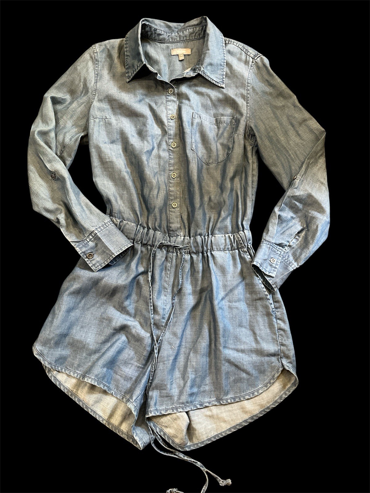 Neiman Marcus Blue Denim Short Romper-Sz S-Roll Tab Sleeves-834