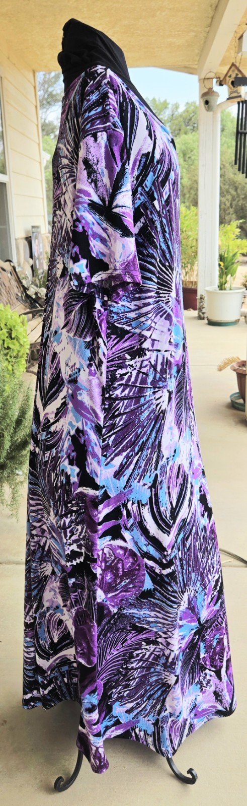 1980s JOSTAR Purple Black Blue Poly Spandex Abstract Floral Maxi Travel Dress L