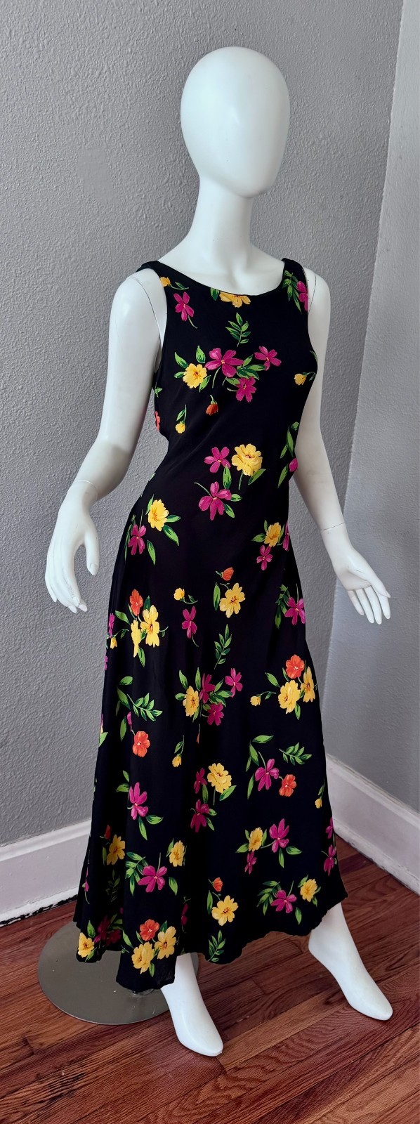 Vintage 90s Black Floral Femme Rayon Maxi Sun Dress M