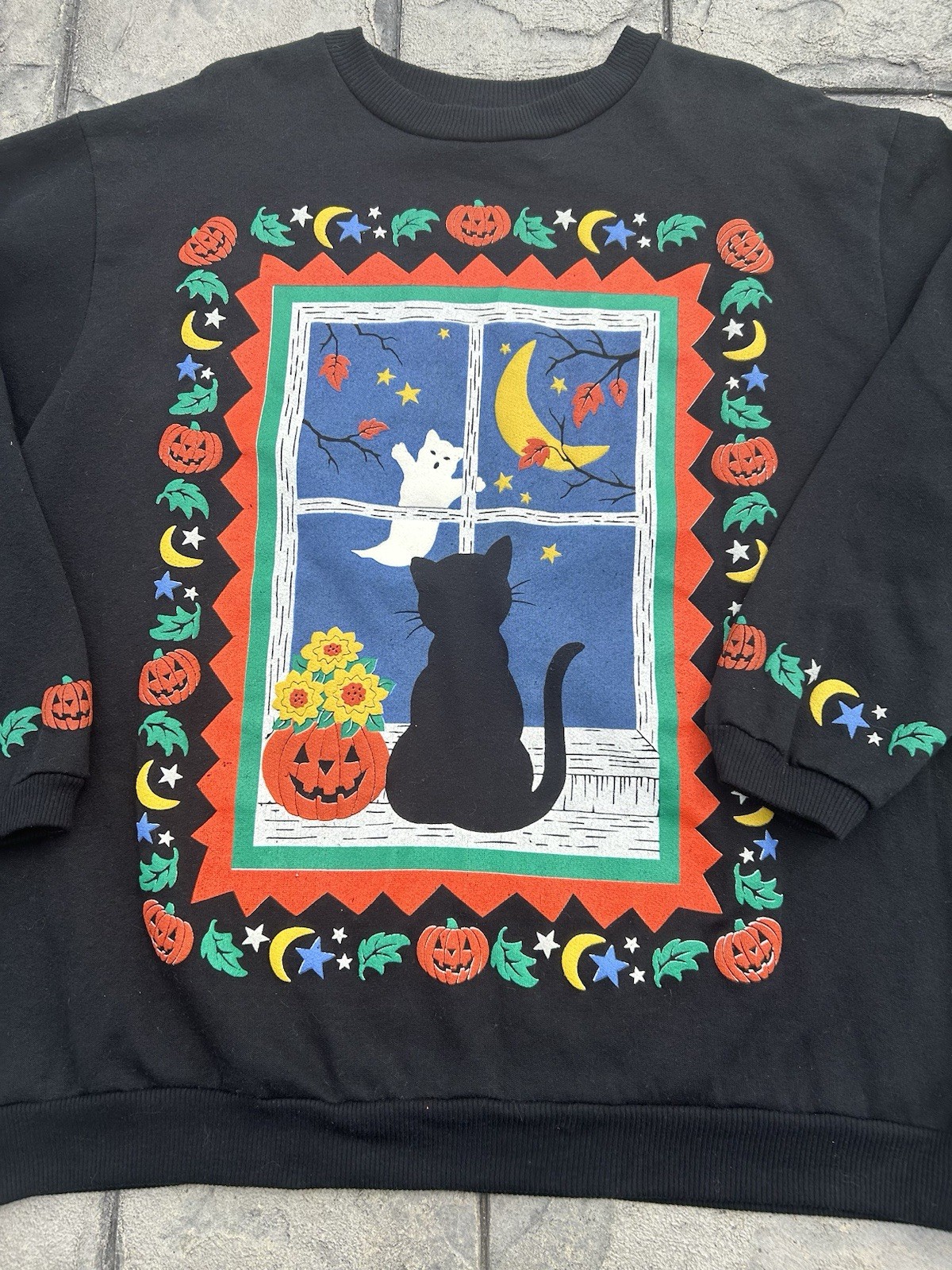 RARE Spumoni Black Cat Ghost Double Sided Black Halloween Novelty Sweatshirt 2X
