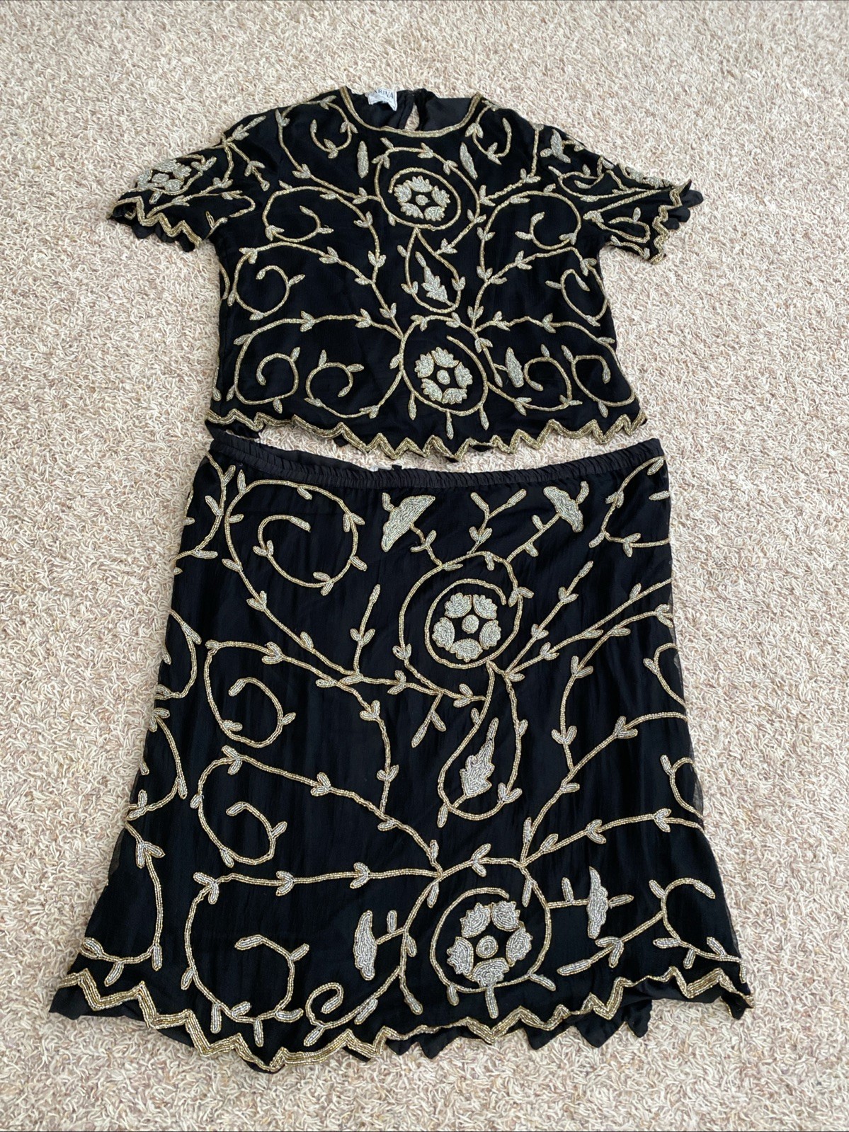 Vtg Carina Women’s Lot Of 2 Silk Beaded Two Piece Outfit Top Skirt Black Sz 3XL