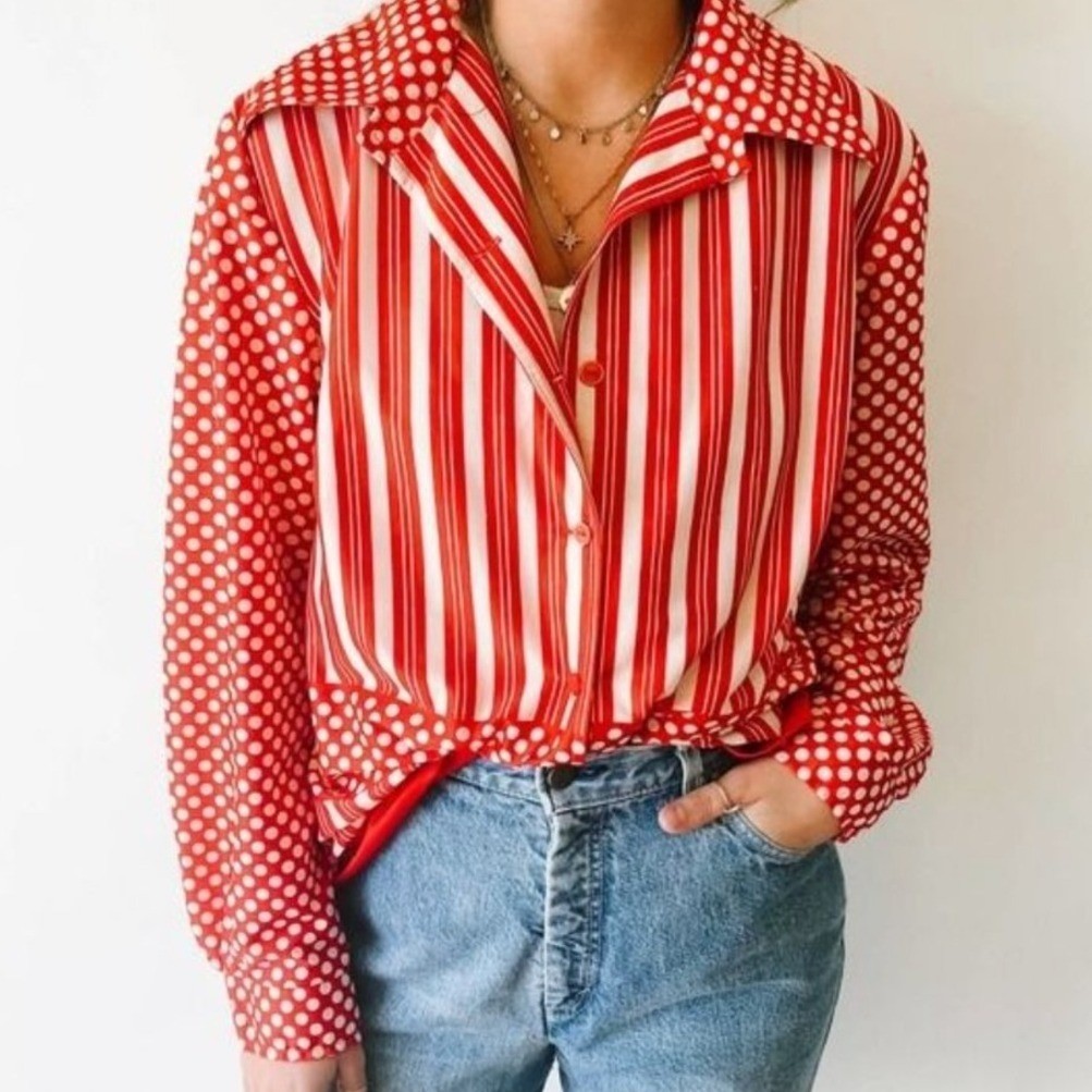 Vintage Lady Empress of Dallas Red White Striped Polka Dot Button Down Blouse