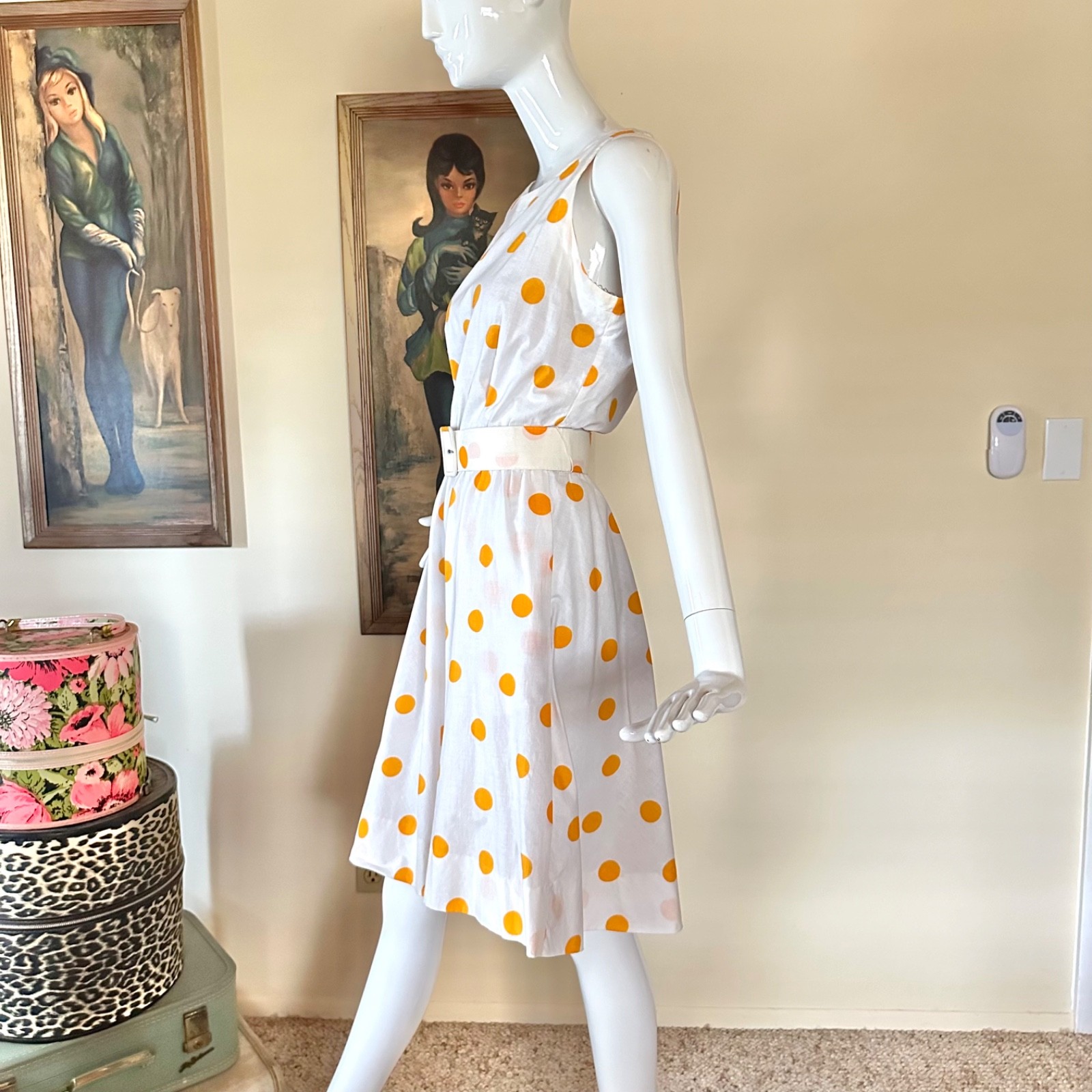 Vintage 1980s Preppy Yellow Polka-dot Skater Circle Mini Dress L Volup