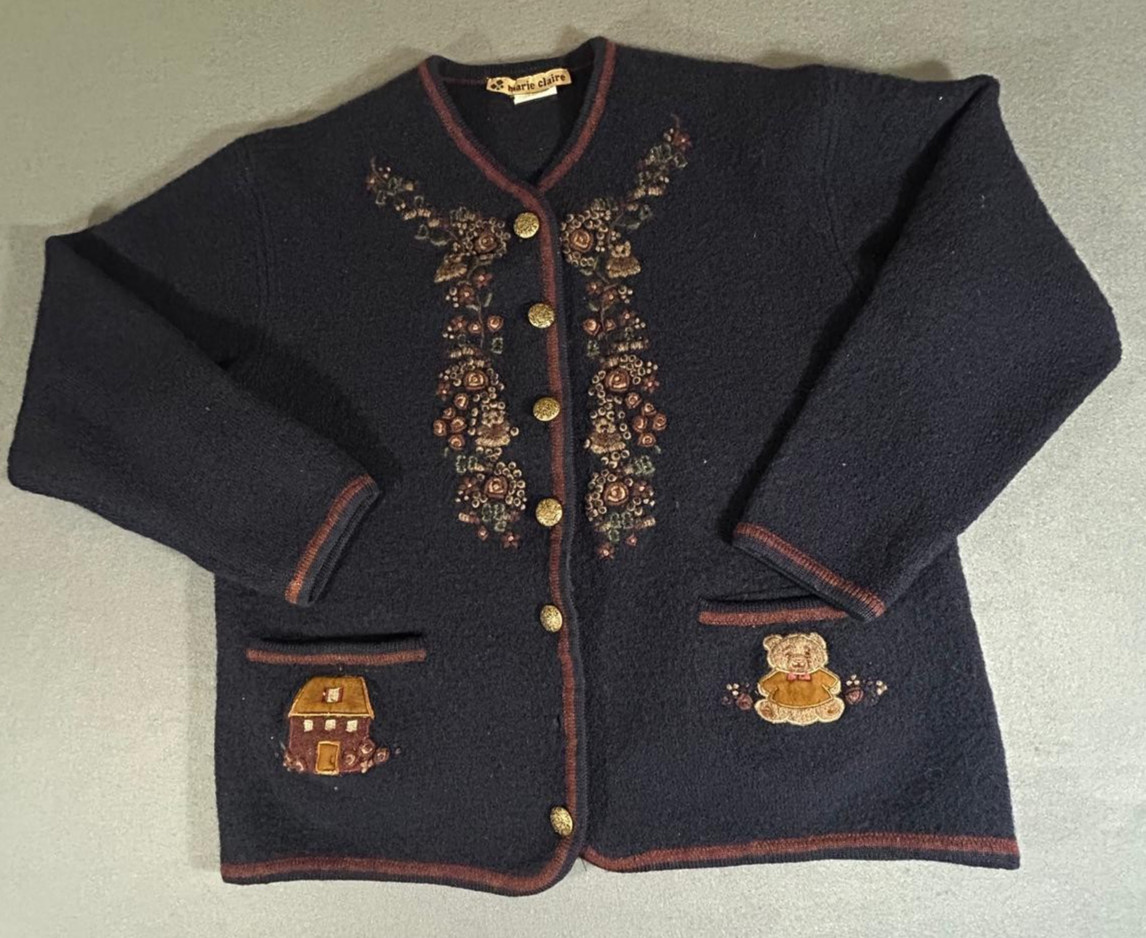 Vintage Marie Claire Wool Sweater Size M Women’s Dark Blue Cardigan Hong Kong