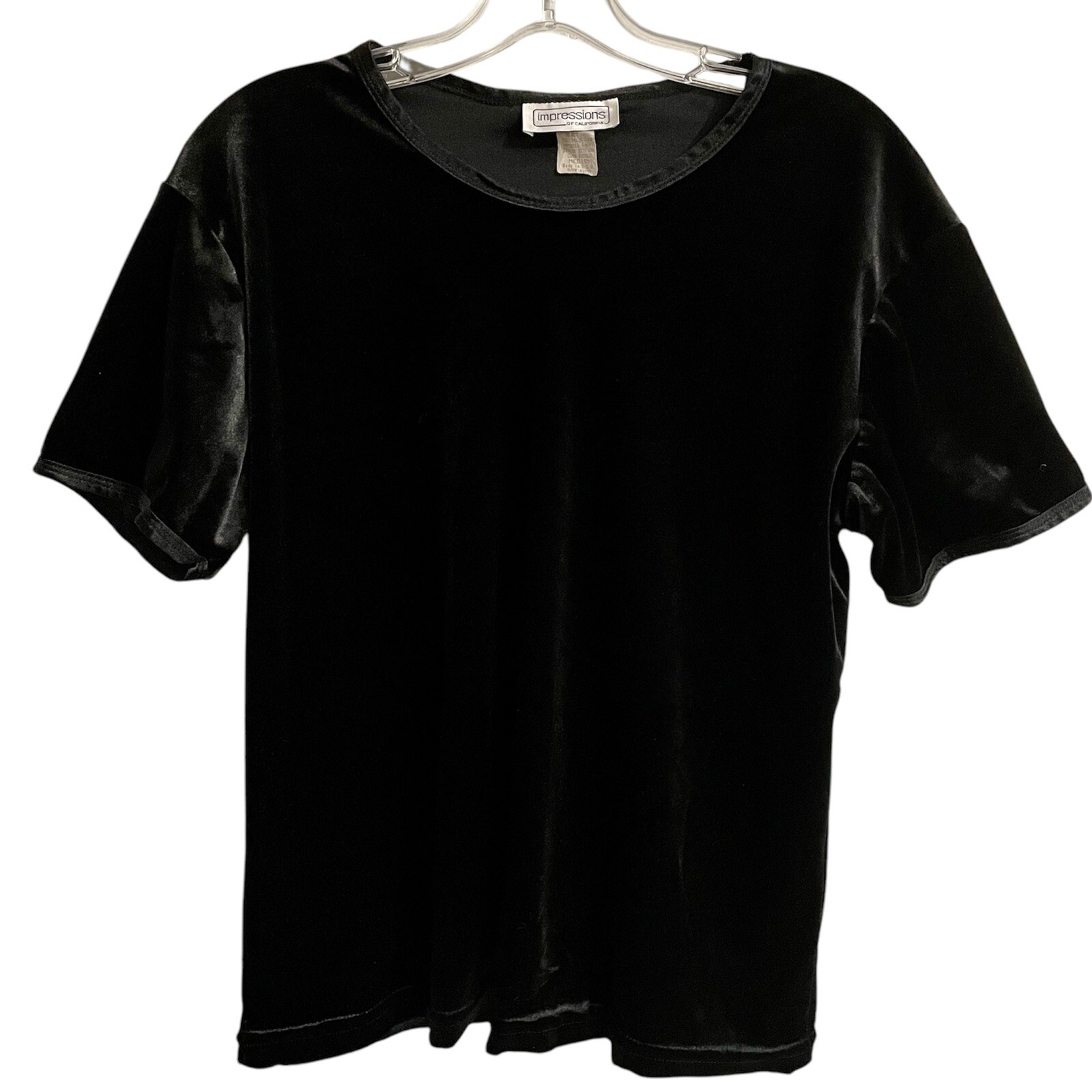 Impressions Vintage Velvet Short Sleeve Top Size Medium Black 90s Holiday Goth