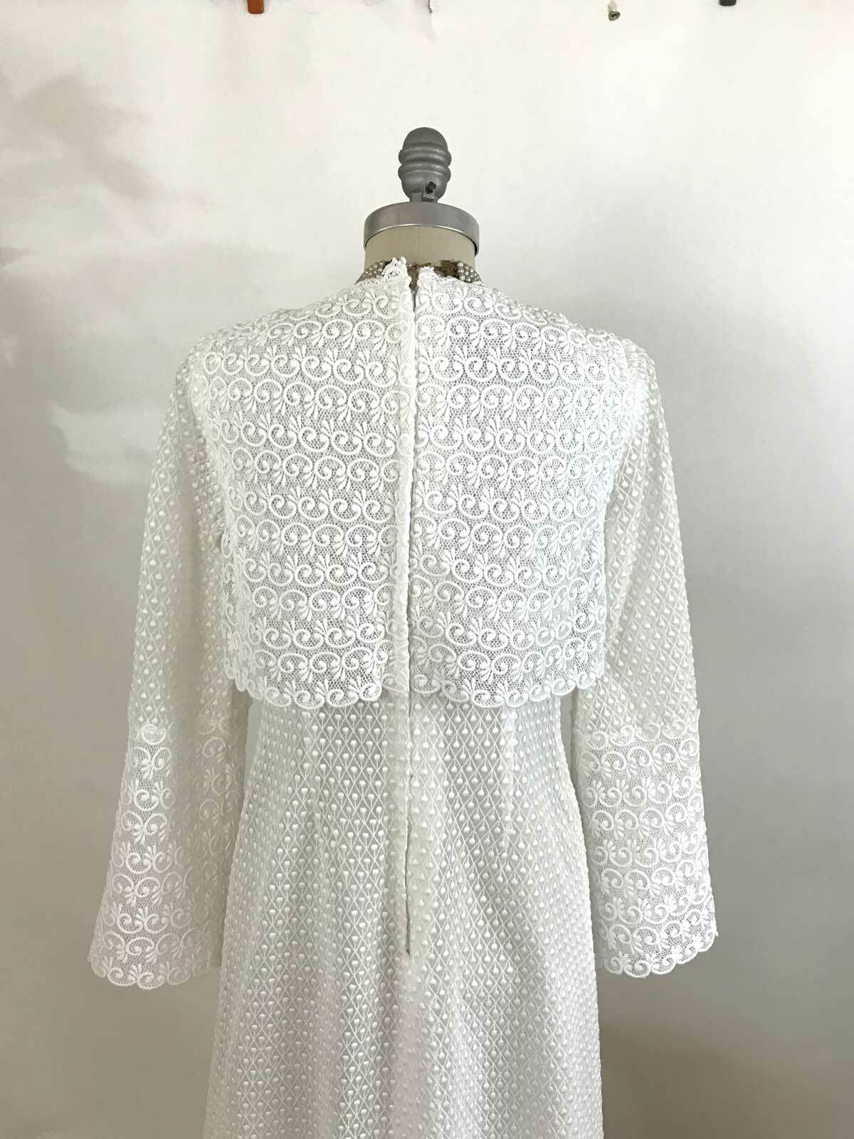 Vtg 70s CALDERON White Lace Wedding Dress Sheer Bell Sleeve Romantic Boho sz 6